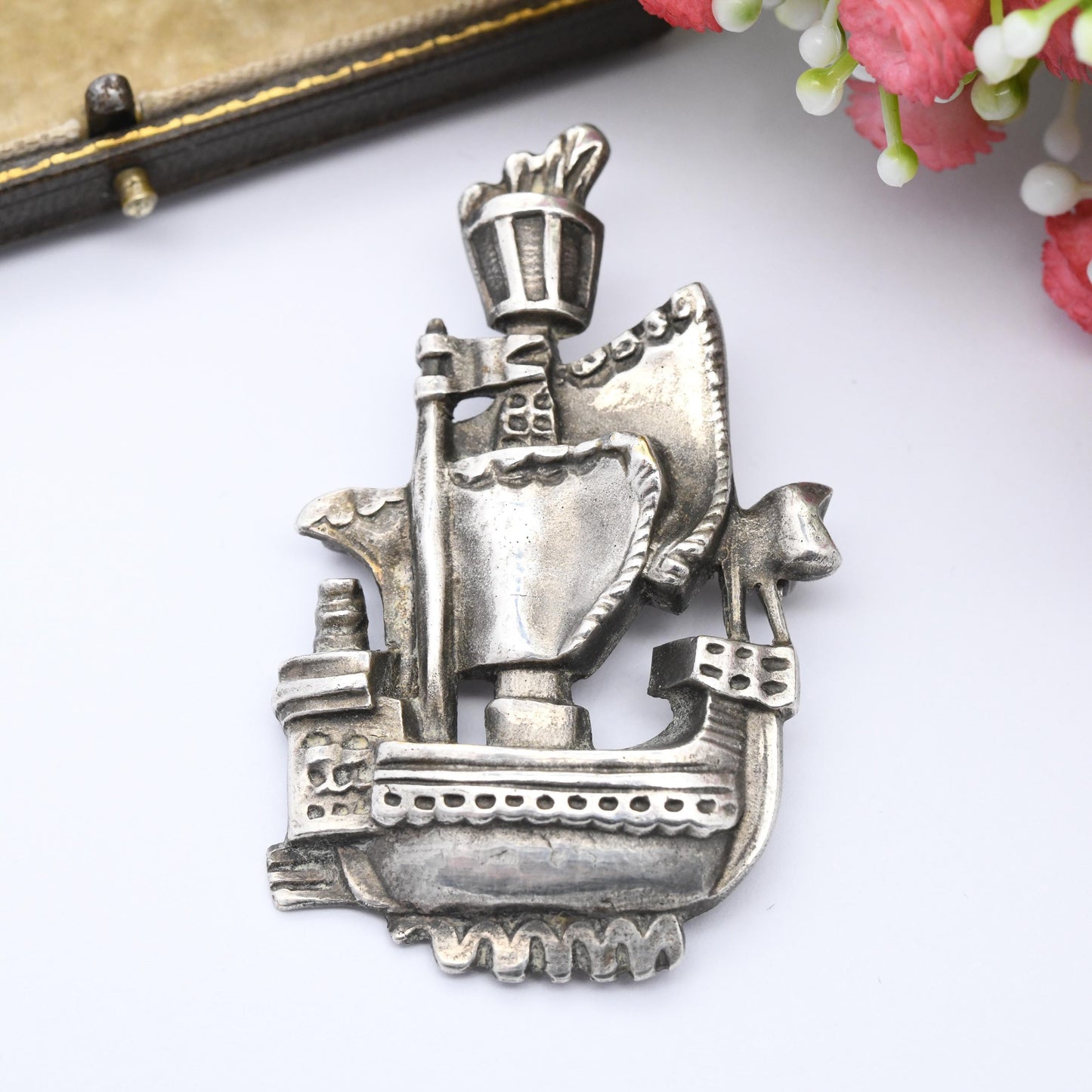 Vintage Arthus Bertrand Ship Brooch Signed Paris Designer - Figural Mid-Century Brooch Silver Tone