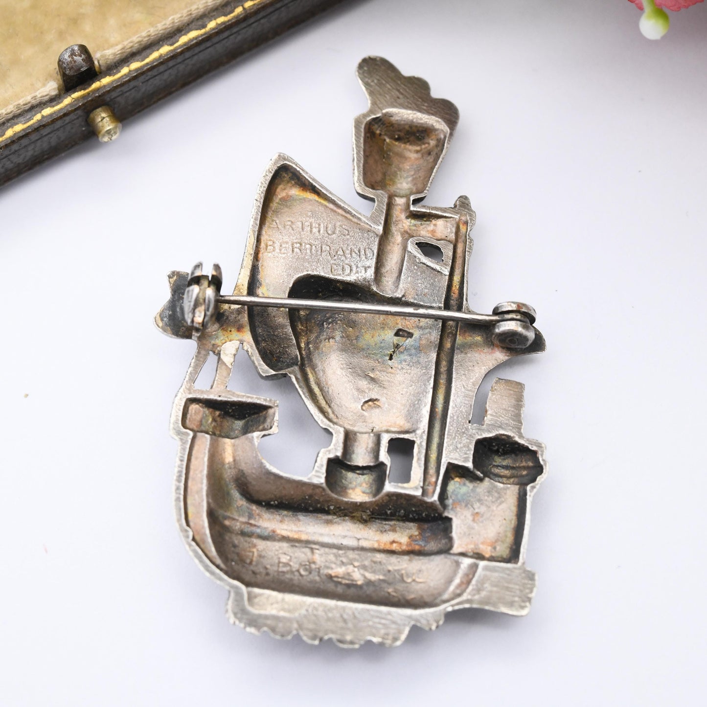 Vintage Arthus Bertrand Ship Brooch Signed Paris Designer - Figural Mid-Century Brooch Silver Tone