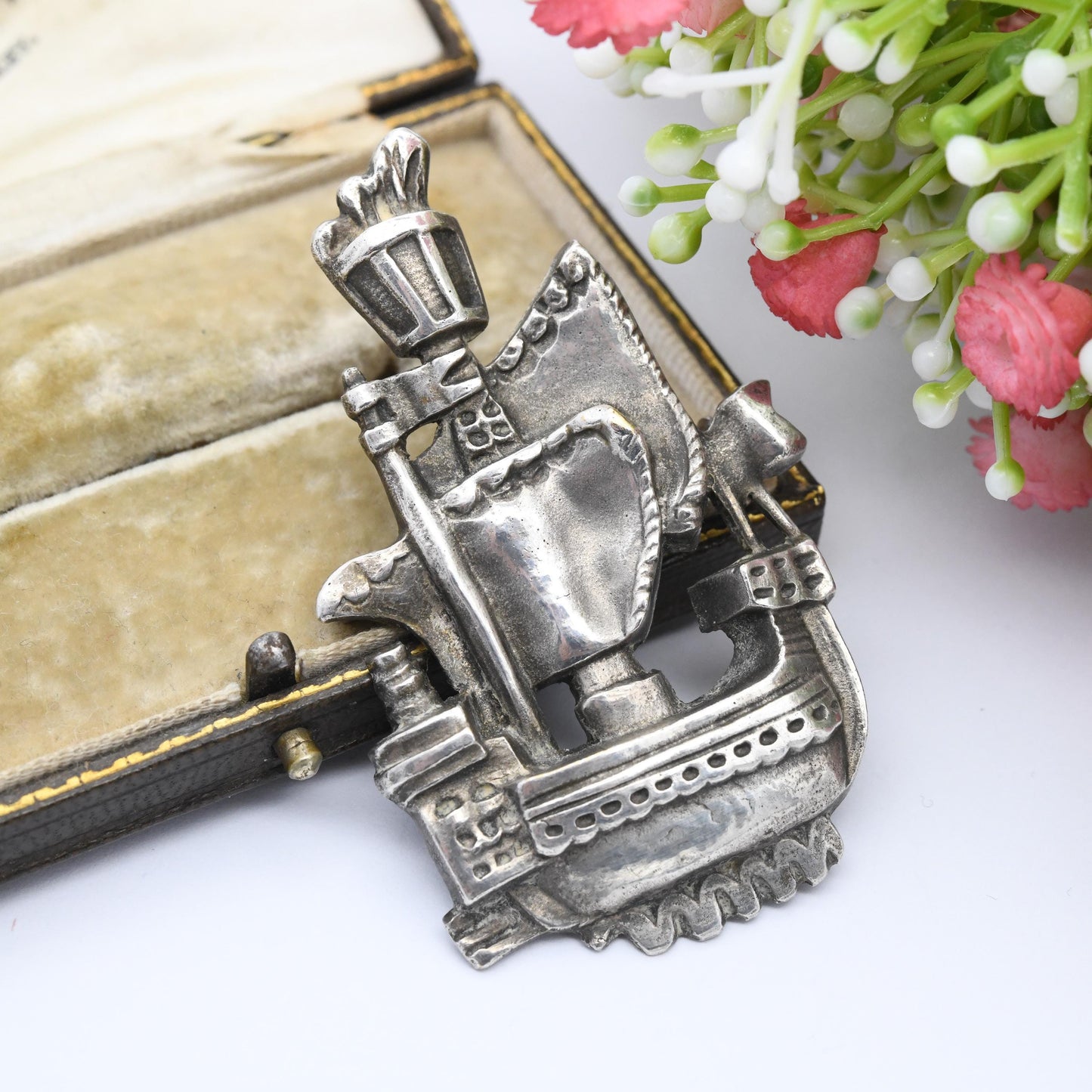 Vintage Arthus Bertrand Ship Brooch Signed Paris Designer - Figural Mid-Century Brooch Silver Tone