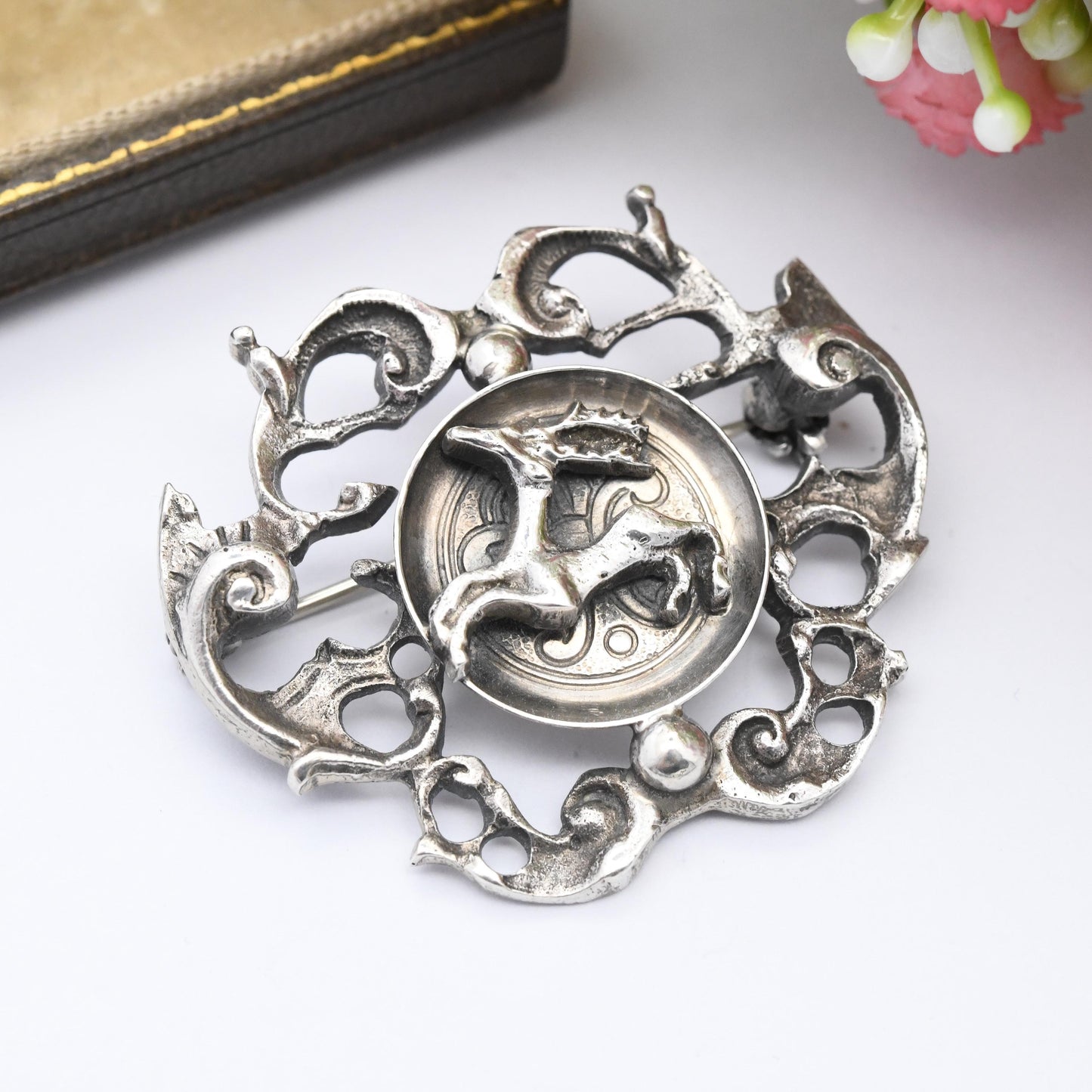Vintage German Silver Stag Brooch by BAS Blachian Antik Schmuck - Leaping Deer with Antlers | Mid-Century Antique Biedermeier Style Bavarian