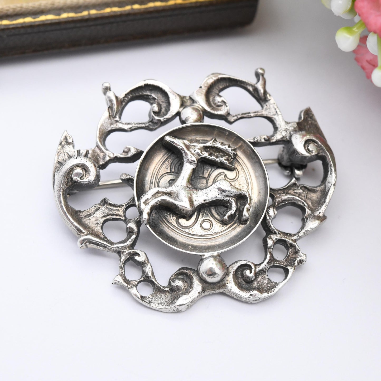 Vintage German Silver Stag Brooch by BAS Blachian Antik Schmuck - Leaping Deer with Antlers | Mid-Century Antique Biedermeier Style Bavarian