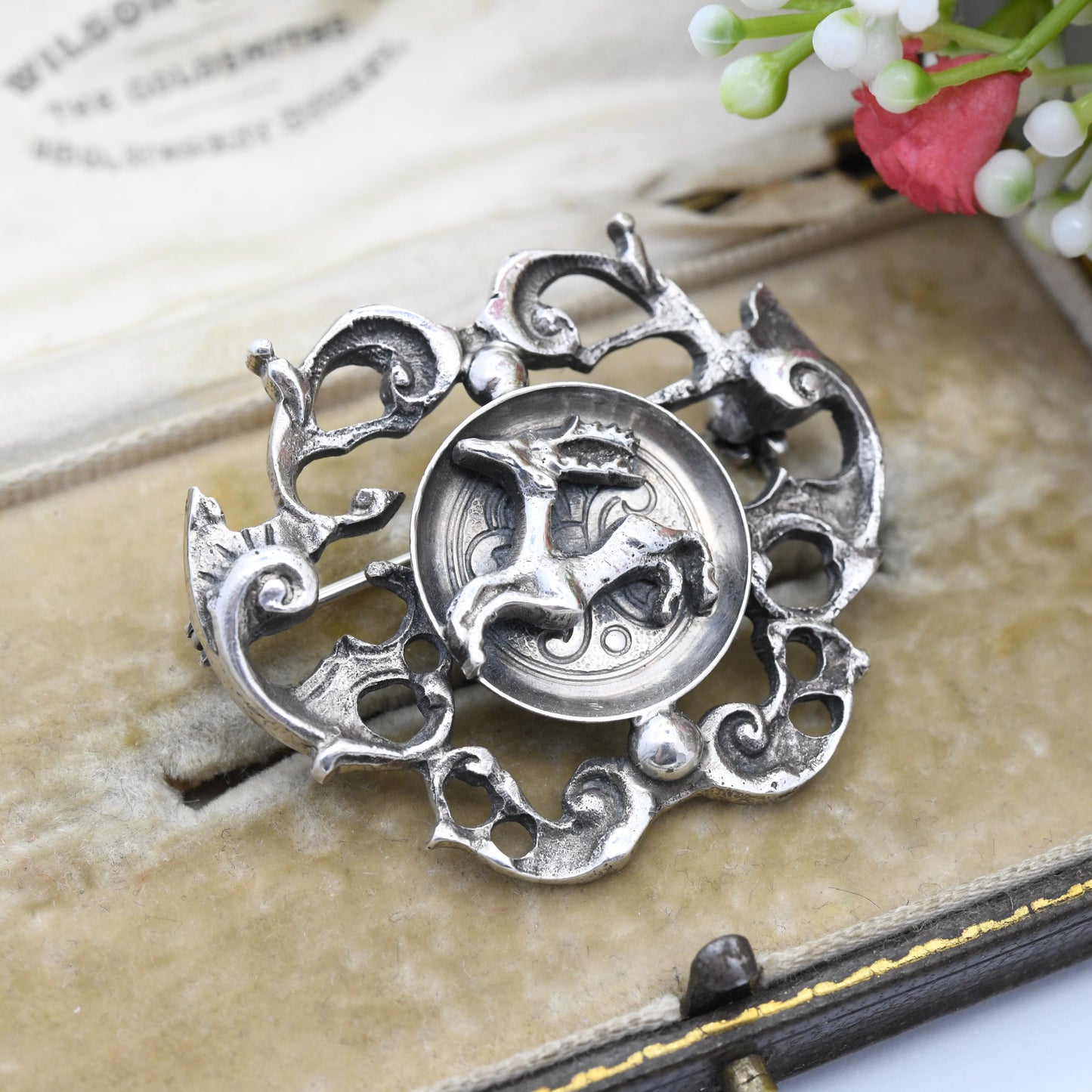 Vintage German Silver Stag Brooch by BAS Blachian Antik Schmuck - Leaping Deer with Antlers | Mid-Century Antique Biedermeier Style Bavarian