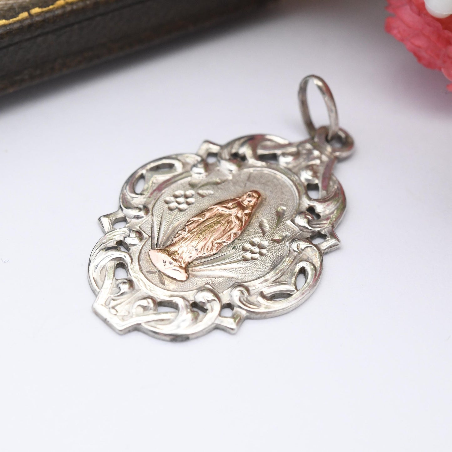 Antique French Silver and Rose Gold Virgin Mary Pendant - Art Nouveau Era Religious Necklace French Jewellery | Ornate Floral Design