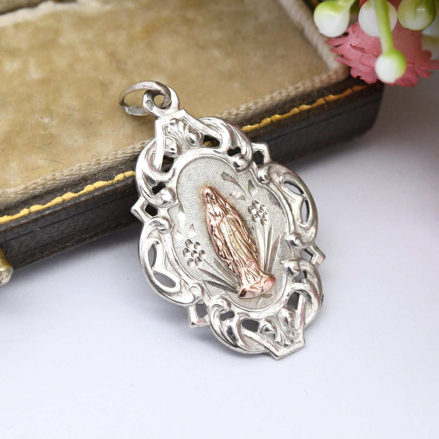 Antique French Silver and Rose Gold Virgin Mary Pendant - Art Nouveau Era Religious Necklace French Jewellery | Ornate Floral Design