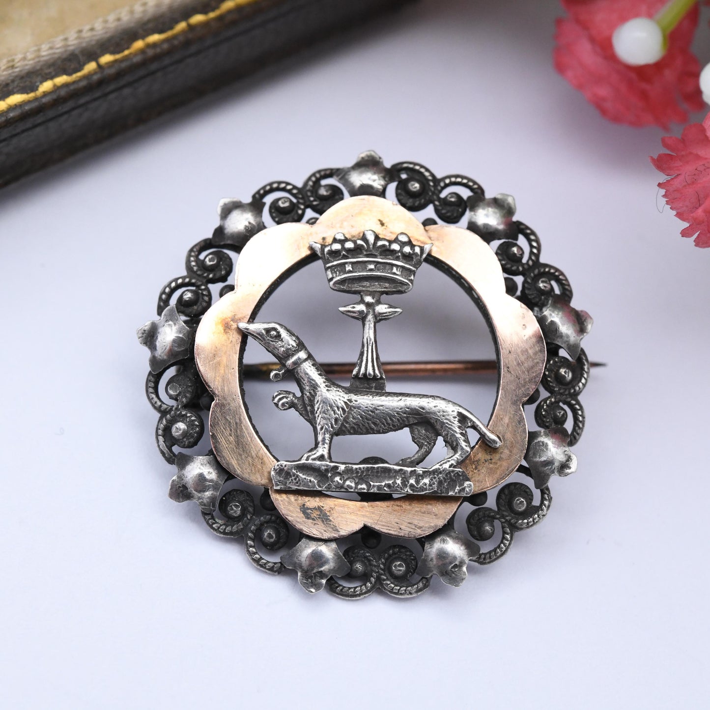 Antique French Silver and Gold Ermine and Crown Crest Brooch - Bretagne Jewellery Stoat Tails Queen Anne of Brittany Symbol Coat of Arms