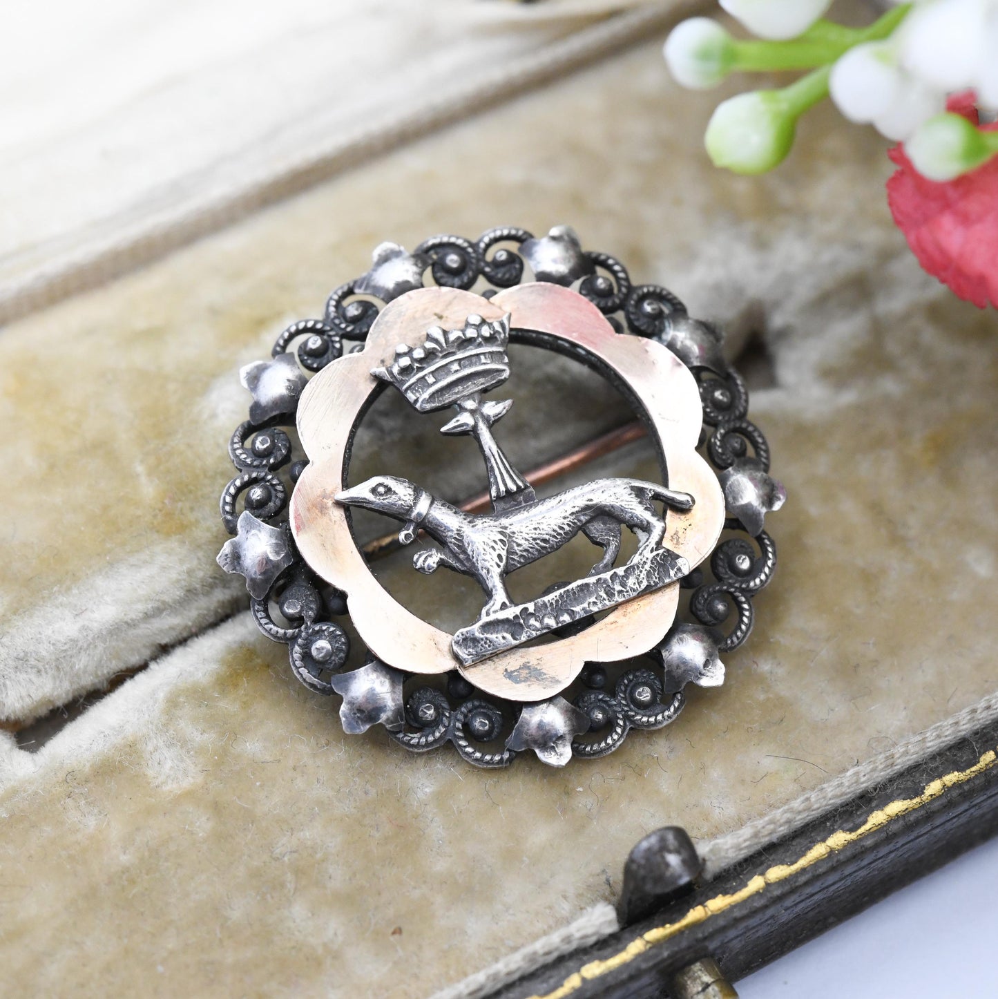 Antique French Silver and Gold Ermine and Crown Crest Brooch - Bretagne Jewellery Stoat Tails Queen Anne of Brittany Symbol Coat of Arms