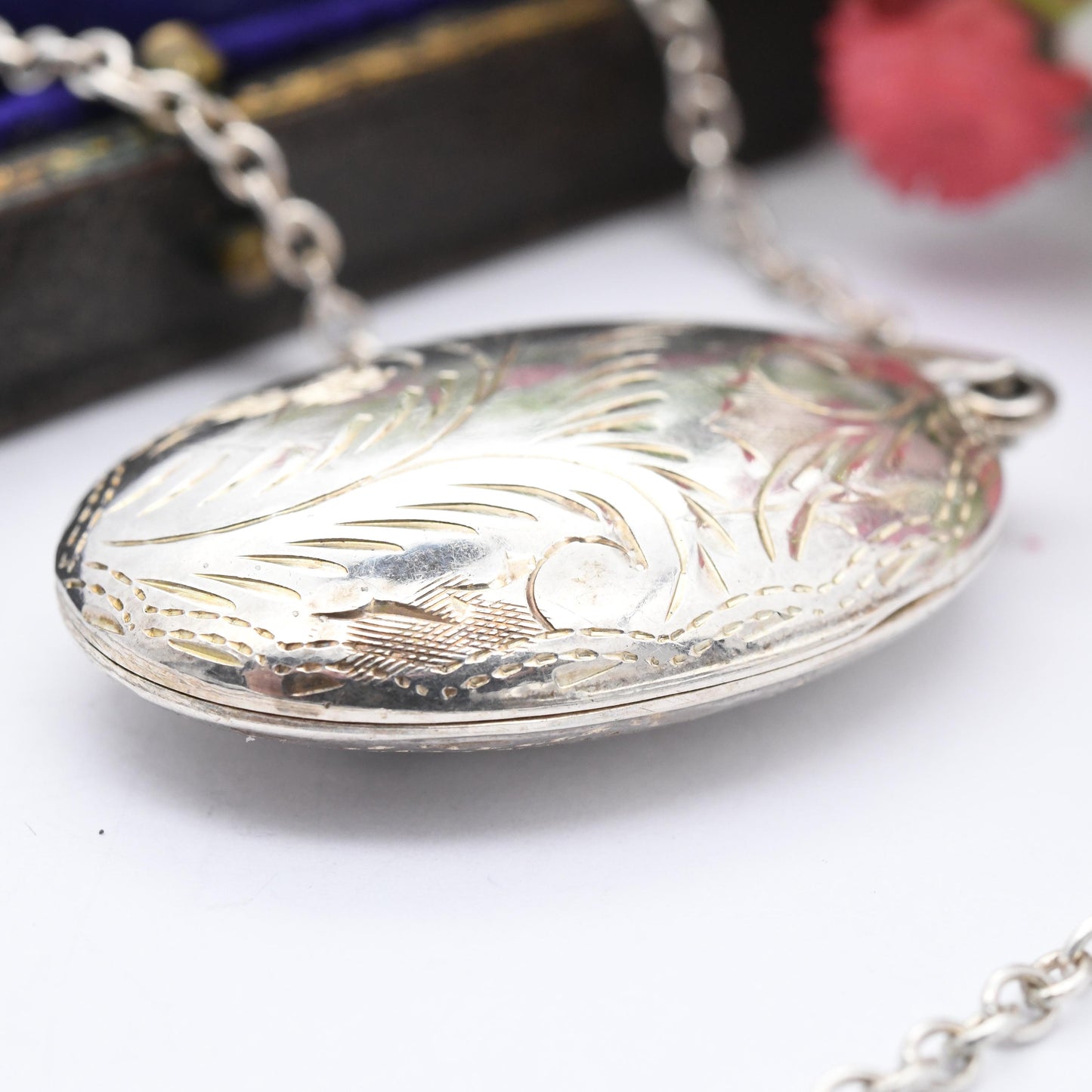 Vintage Sterling Silver Locket Pendant Necklace with Engraved Scrolling Design - Rounded Chunky Oval Shape on Long Cable Chain