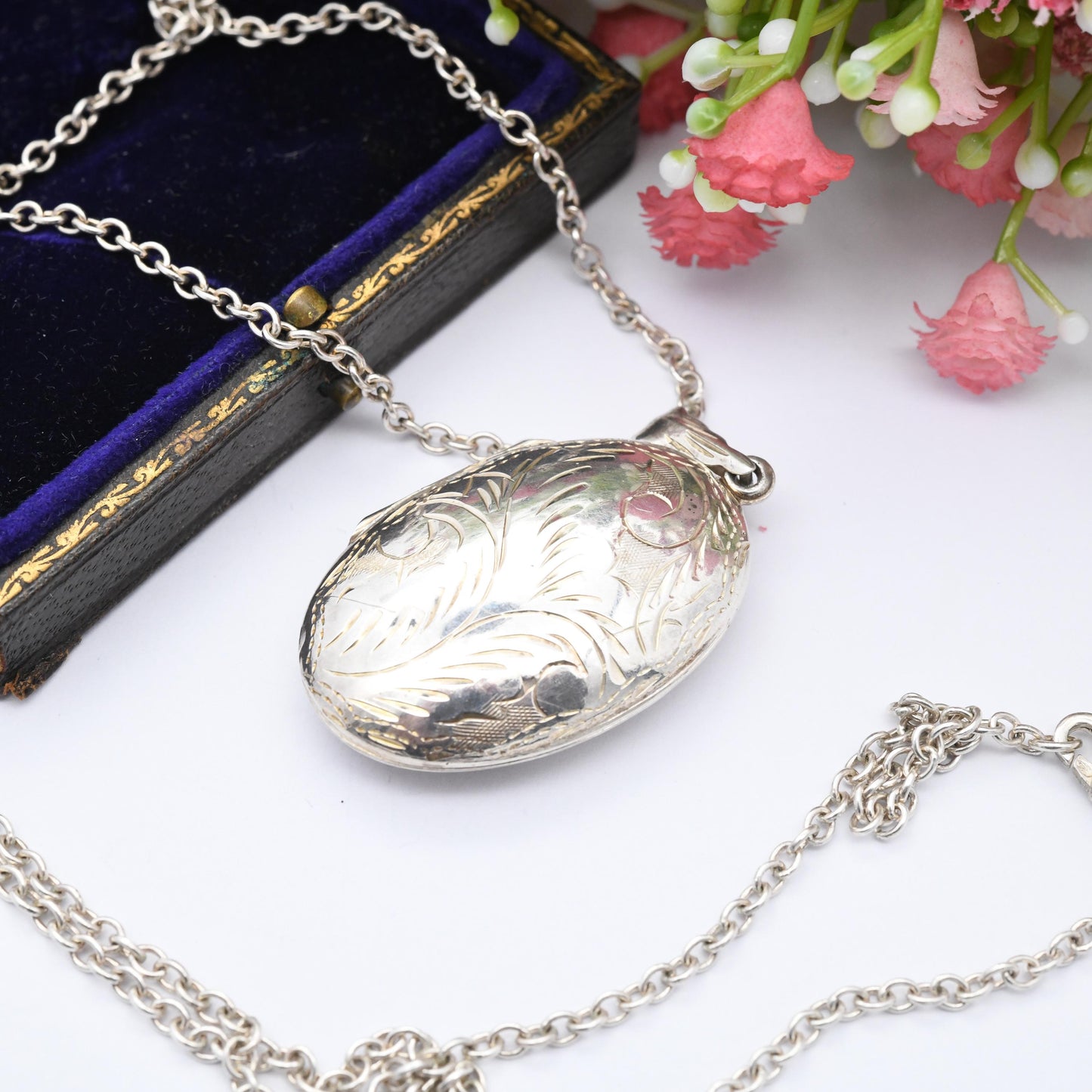 Vintage Sterling Silver Locket Pendant Necklace with Engraved Scrolling Design - Rounded Chunky Oval Shape on Long Cable Chain