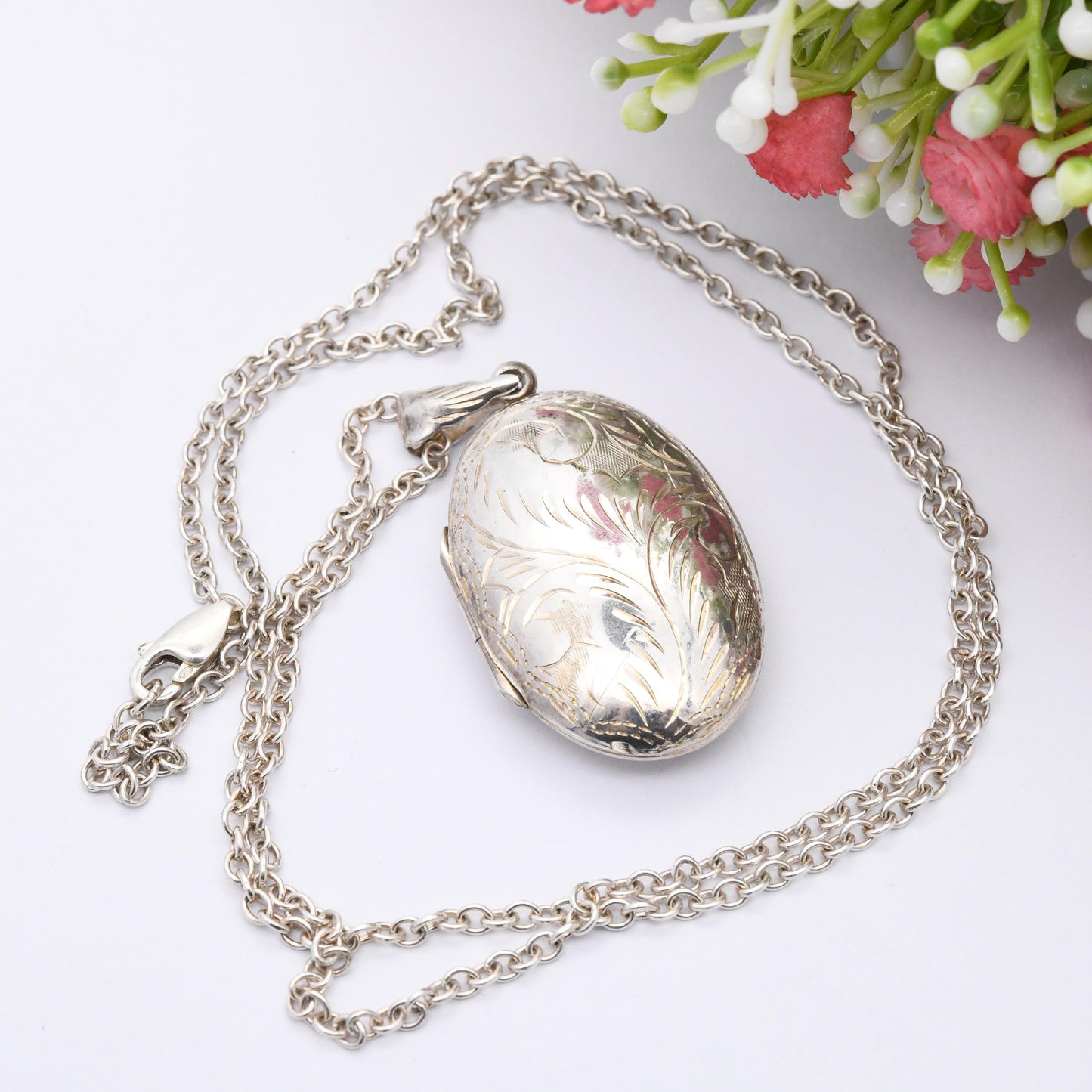 Vintage Sterling Silver Locket Pendant Necklace with Engraved Scrolling Design - Rounded Chunky Oval Shape on Long Cable Chain