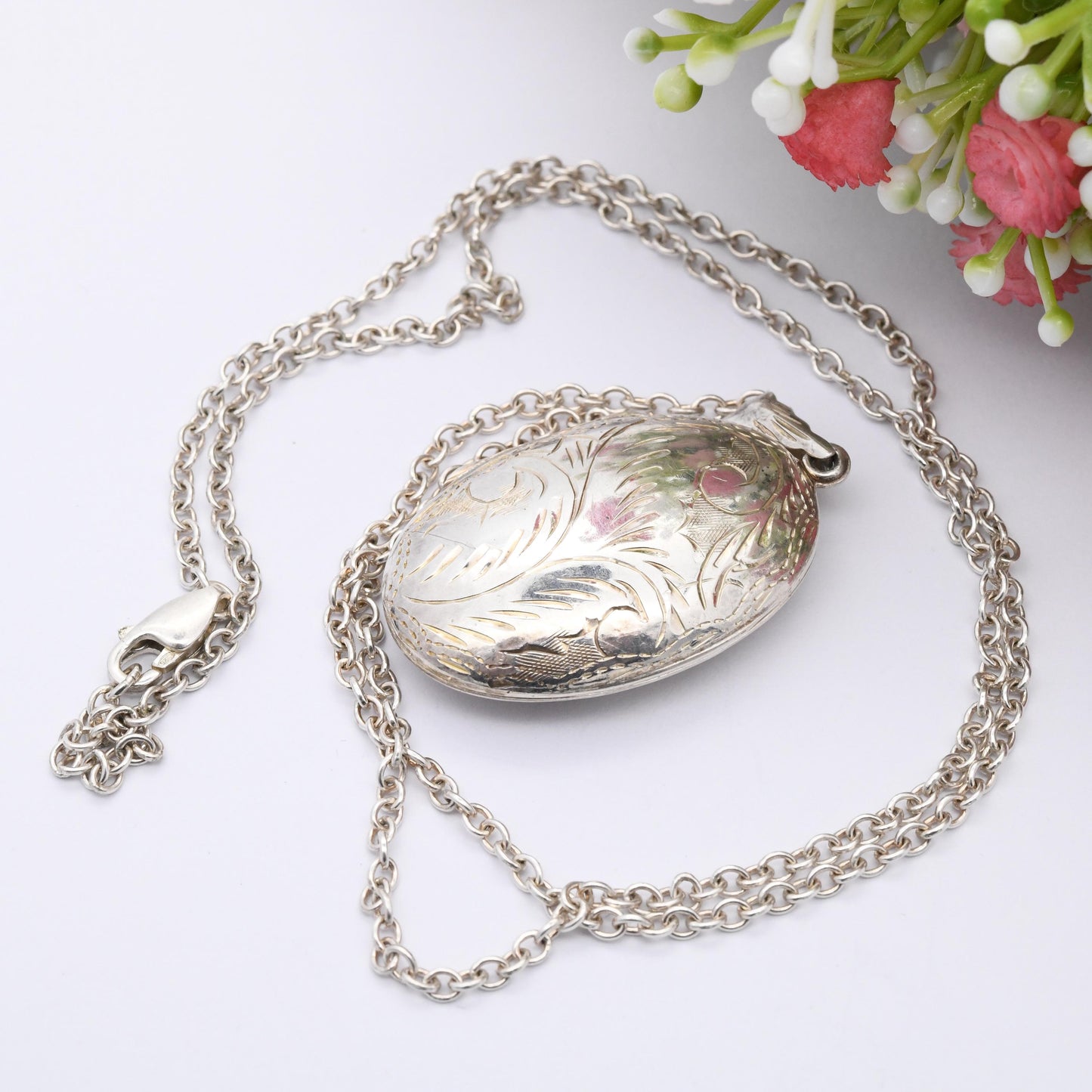 Vintage Sterling Silver Locket Pendant Necklace with Engraved Scrolling Design - Rounded Chunky Oval Shape on Long Cable Chain