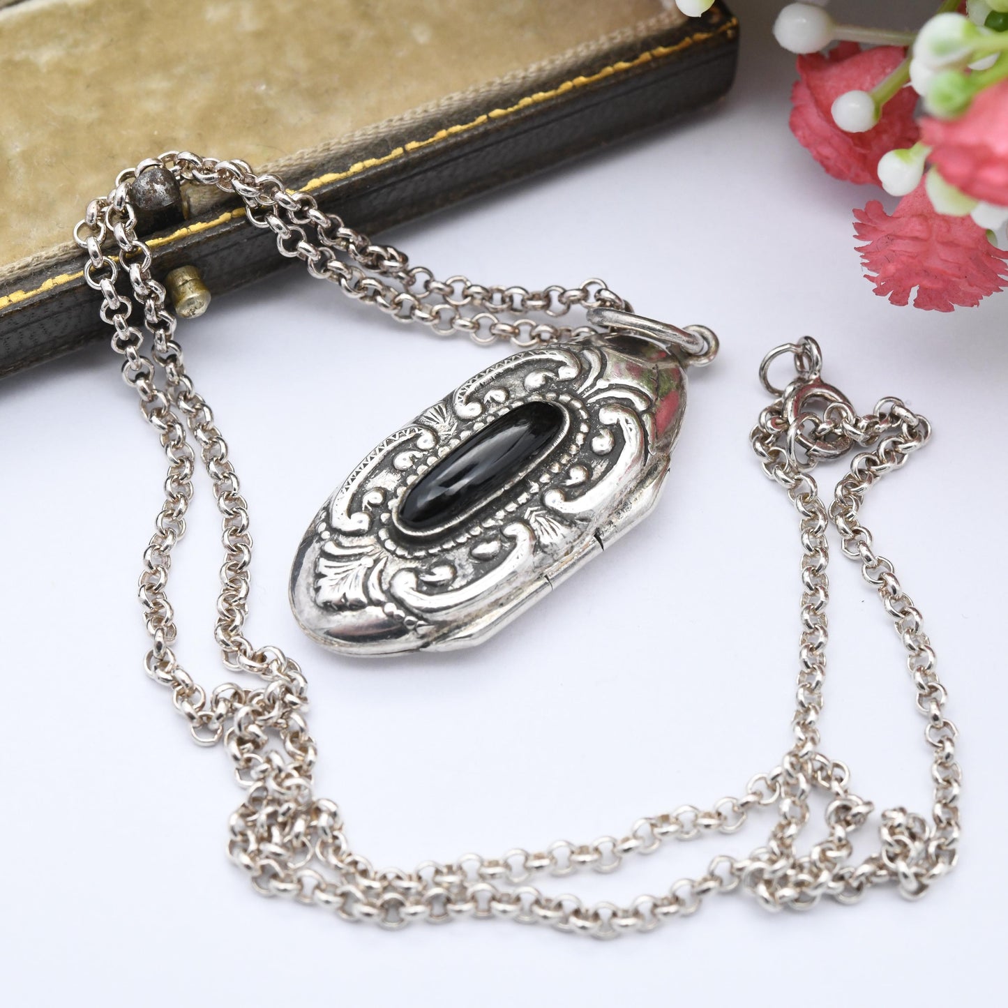Vintage Sterling Silver Onyx Locket Pendant Necklace Ornate Design - Small Chunky Oval Shape | Long Rolo Cable Chain