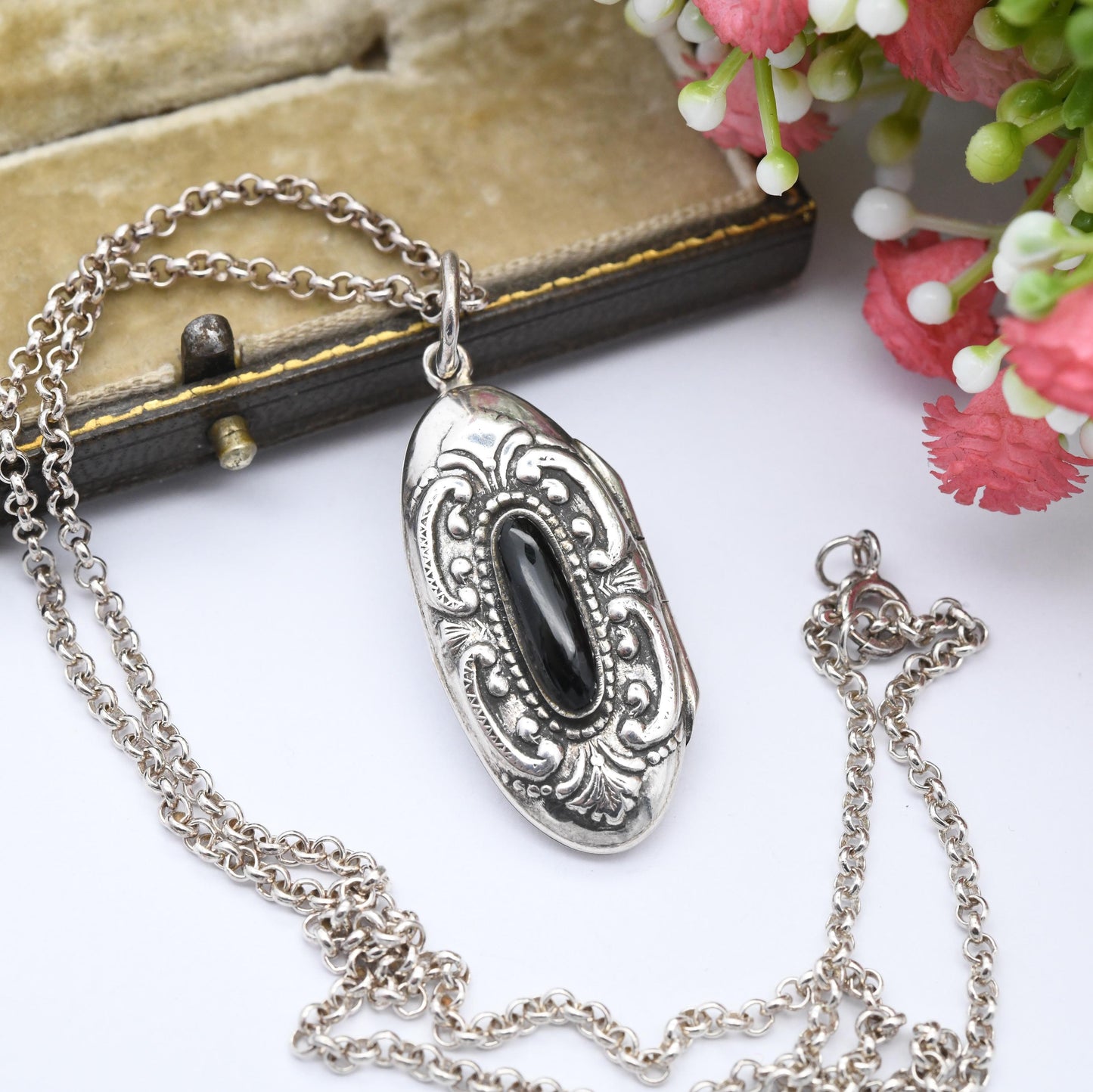 Vintage Sterling Silver Onyx Locket Pendant Necklace Ornate Design - Small Chunky Oval Shape | Long Rolo Cable Chain
