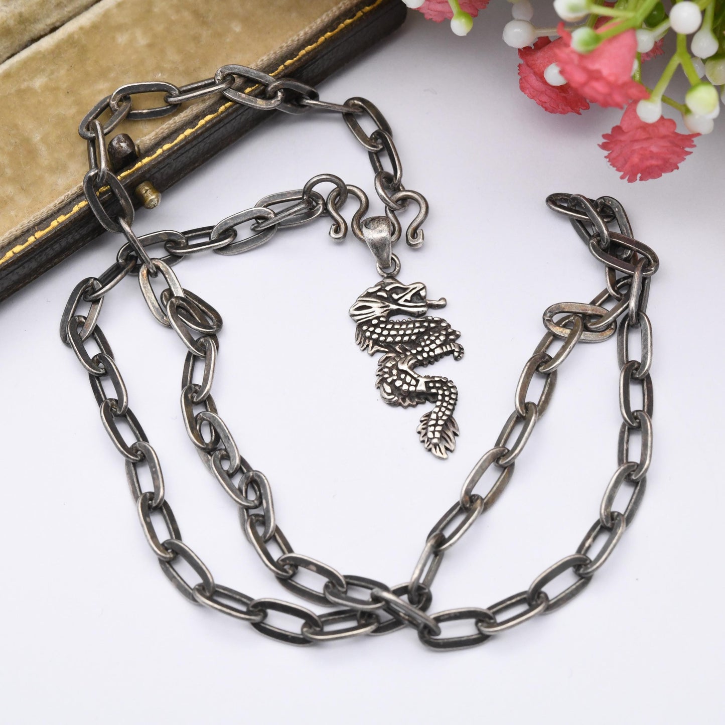 Vintage Sterling Silver Dragon Pendant Necklace Thailand TMA - Cable Link Chain Necklace Gift for Son Gift for Brother