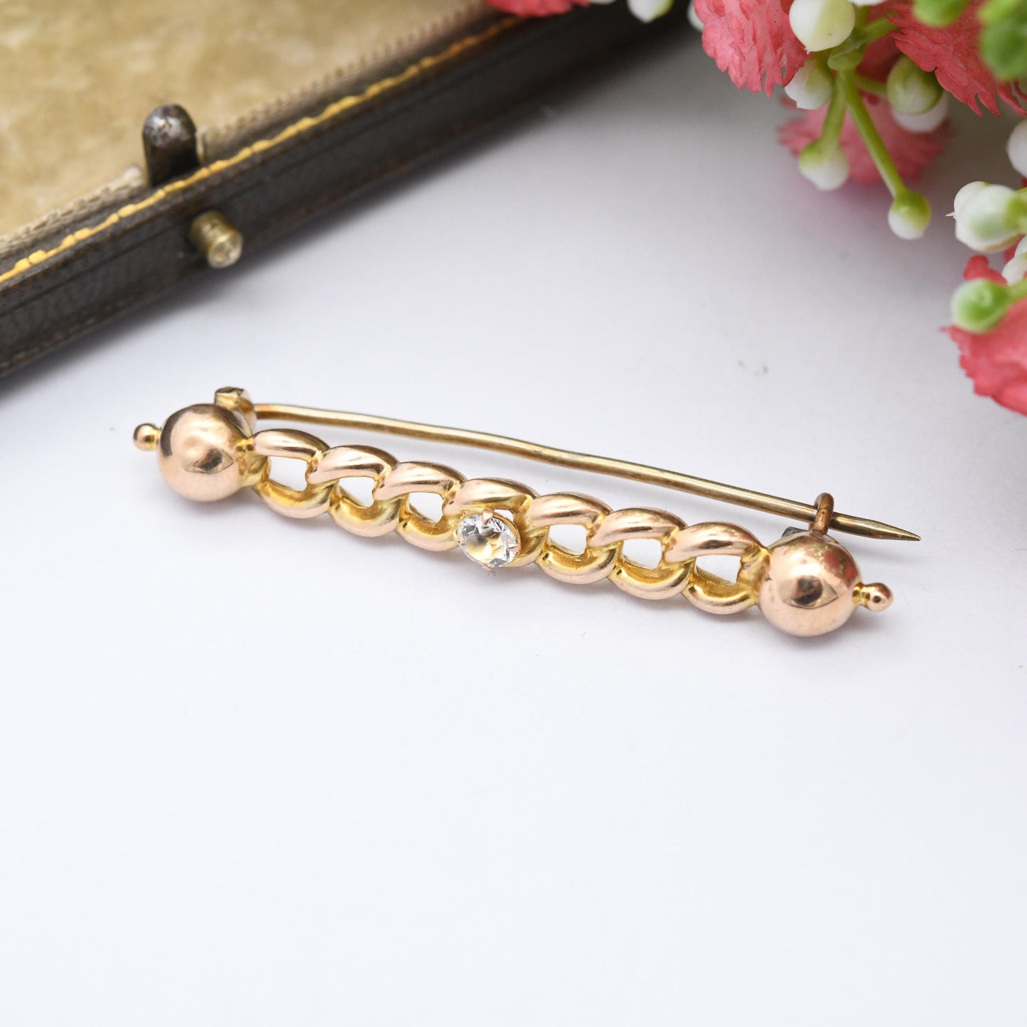 Antique 9ct Gold Chain Link Bar Brooch with Clear Paste Stone - Pretty Minimal Solid Gold Jewellery Edwardian Gold Jewellery Christmas Gift