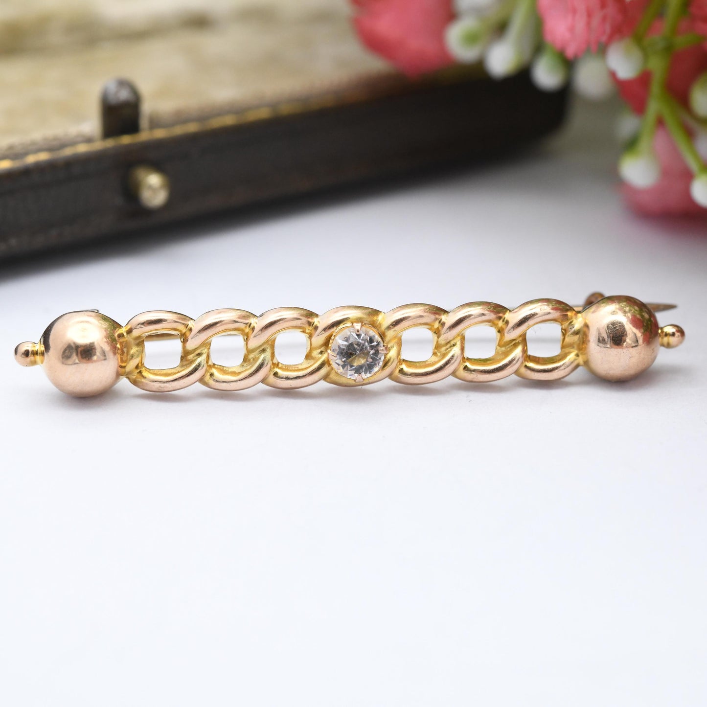 Antique 9ct Gold Chain Link Bar Brooch with Clear Paste Stone - Pretty Minimal Solid Gold Jewellery Edwardian Gold Jewellery Christmas Gift