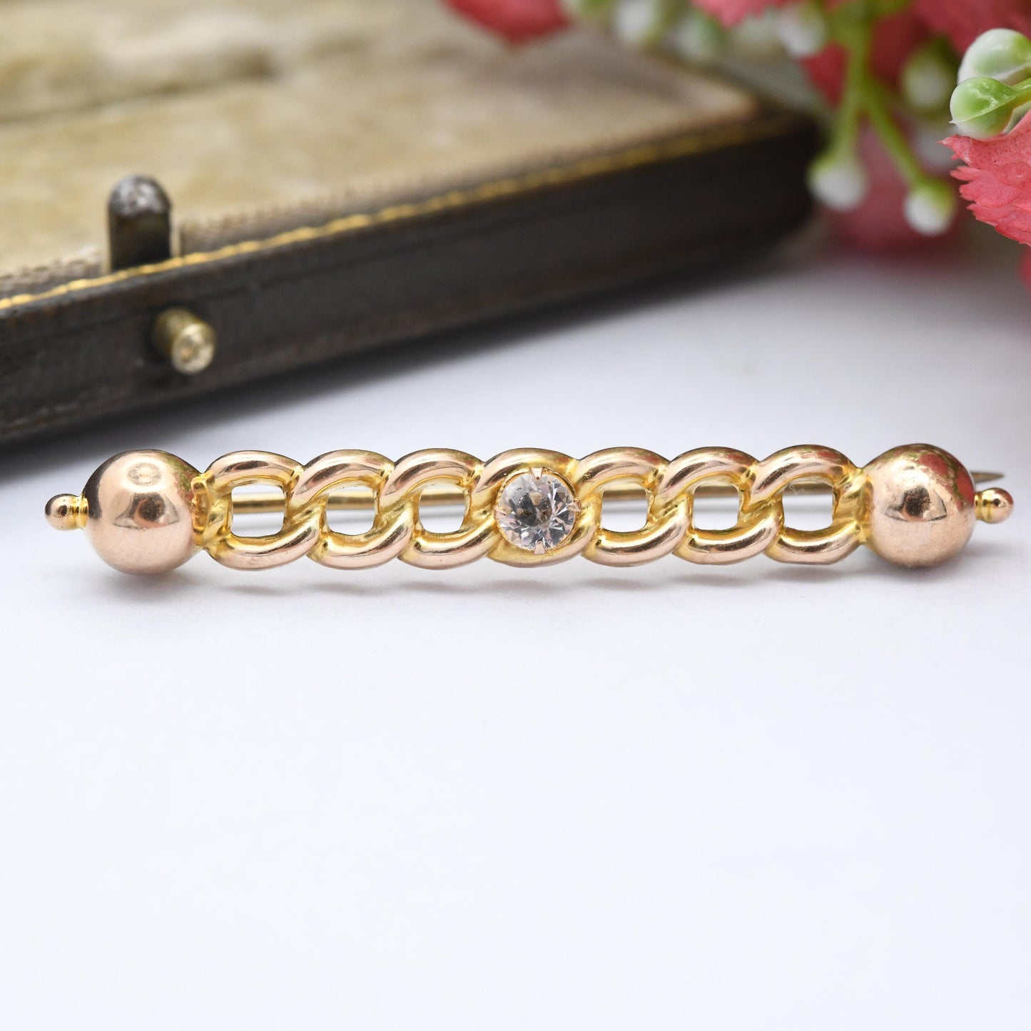 Antique 9ct Gold Chain Link Bar Brooch with Clear Paste Stone - Pretty Minimal Solid Gold Jewellery Edwardian Gold Jewellery Christmas Gift