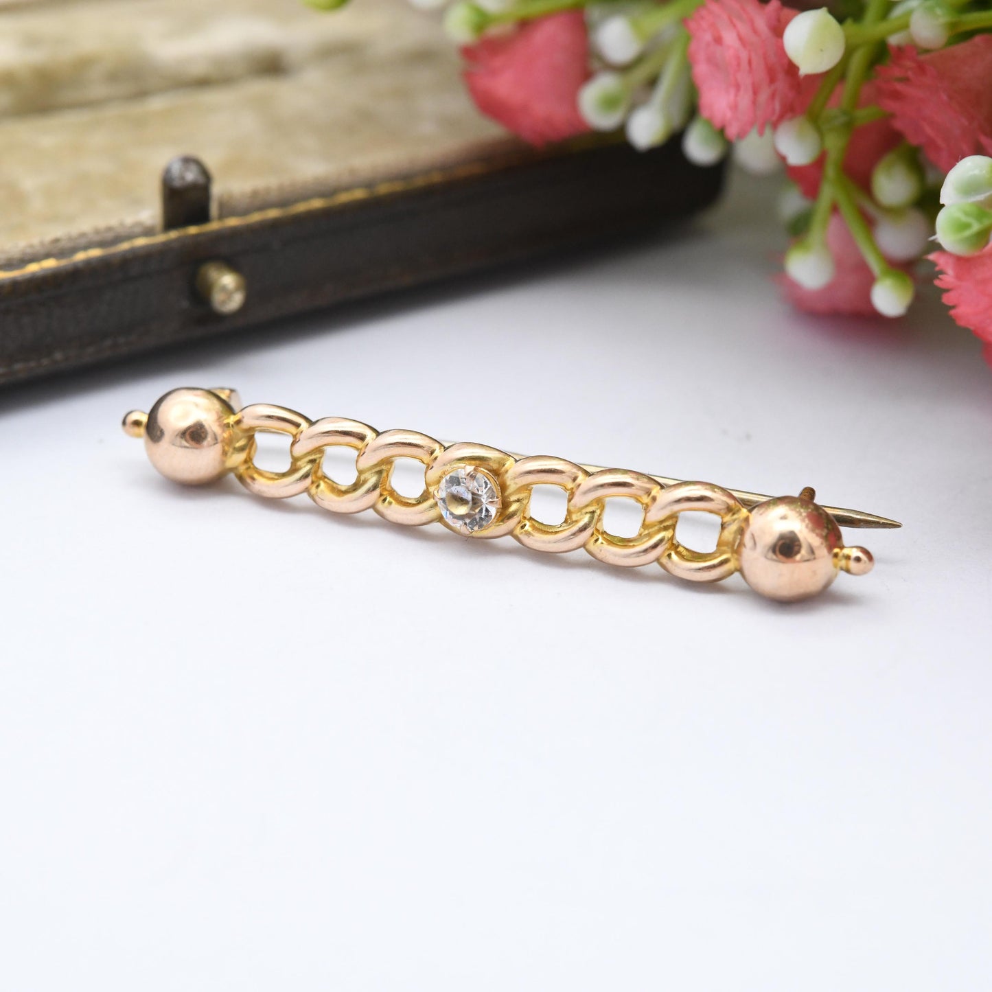 Antique 9ct Gold Chain Link Bar Brooch with Clear Paste Stone - Pretty Minimal Solid Gold Jewellery Edwardian Gold Jewellery Christmas Gift