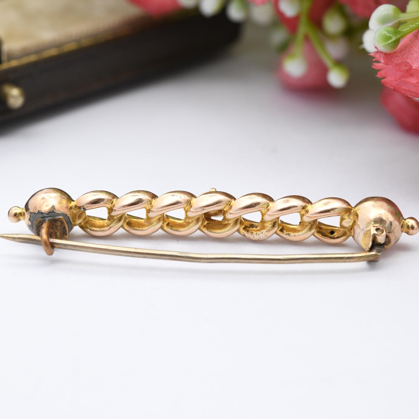 Antique 9ct Gold Chain Link Bar Brooch with Clear Paste Stone - Pretty Minimal Solid Gold Jewellery Edwardian Gold Jewellery Christmas Gift