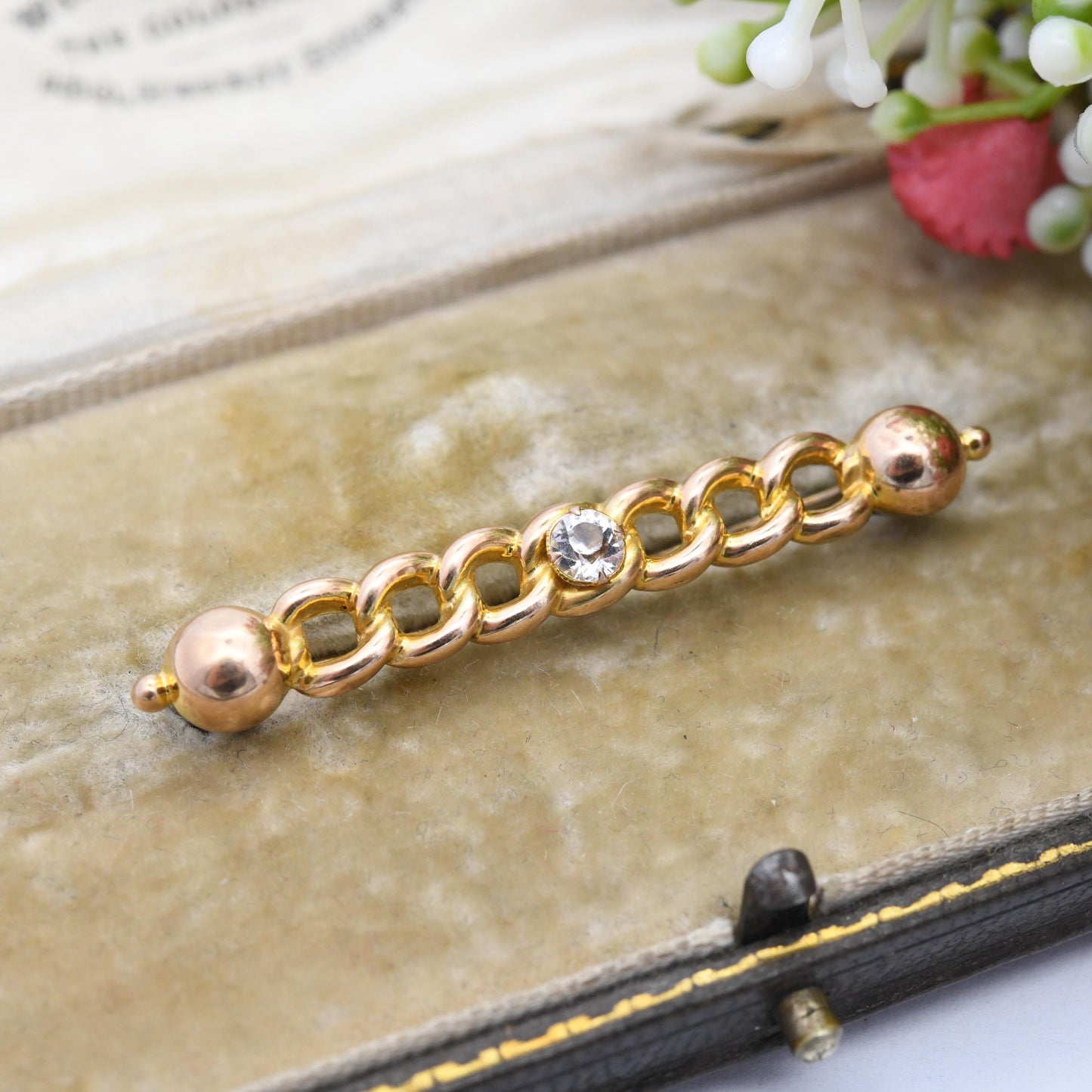 Antique 9ct Gold Chain Link Bar Brooch with Clear Paste Stone - Pretty Minimal Solid Gold Jewellery Edwardian Gold Jewellery Christmas Gift