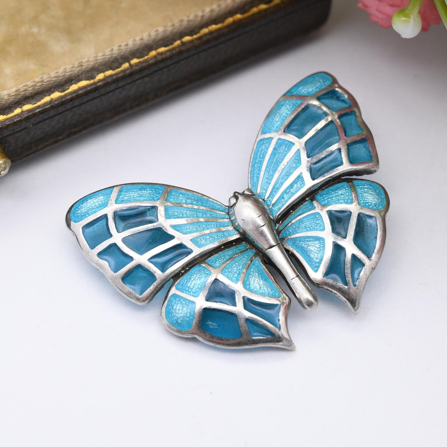Vintage Fish Sterling Silver Plique-à-Jour Butterfly Brooch - Multi-tone Blue Enamel and Glass Wings
