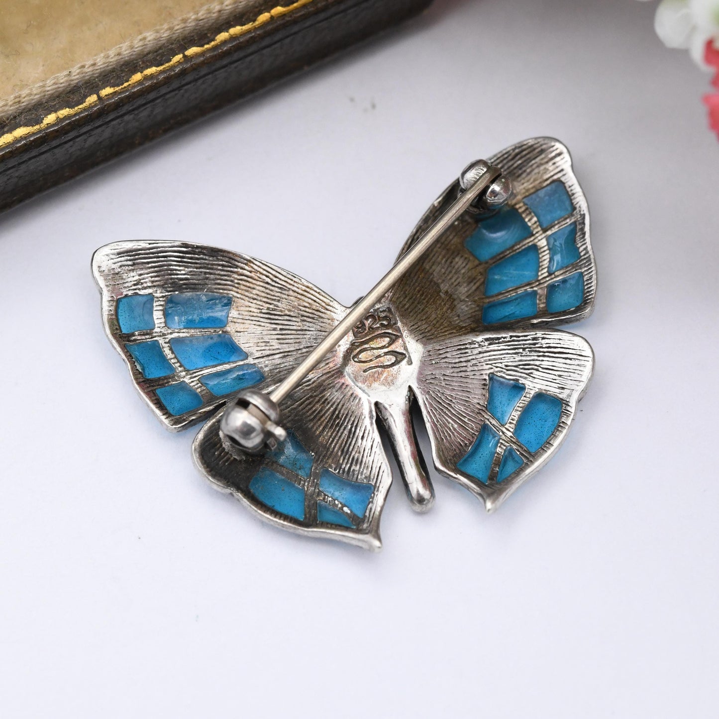 Vintage Fish Sterling Silver Plique-à-Jour Butterfly Brooch - Multi-tone Blue Enamel and Glass Wings