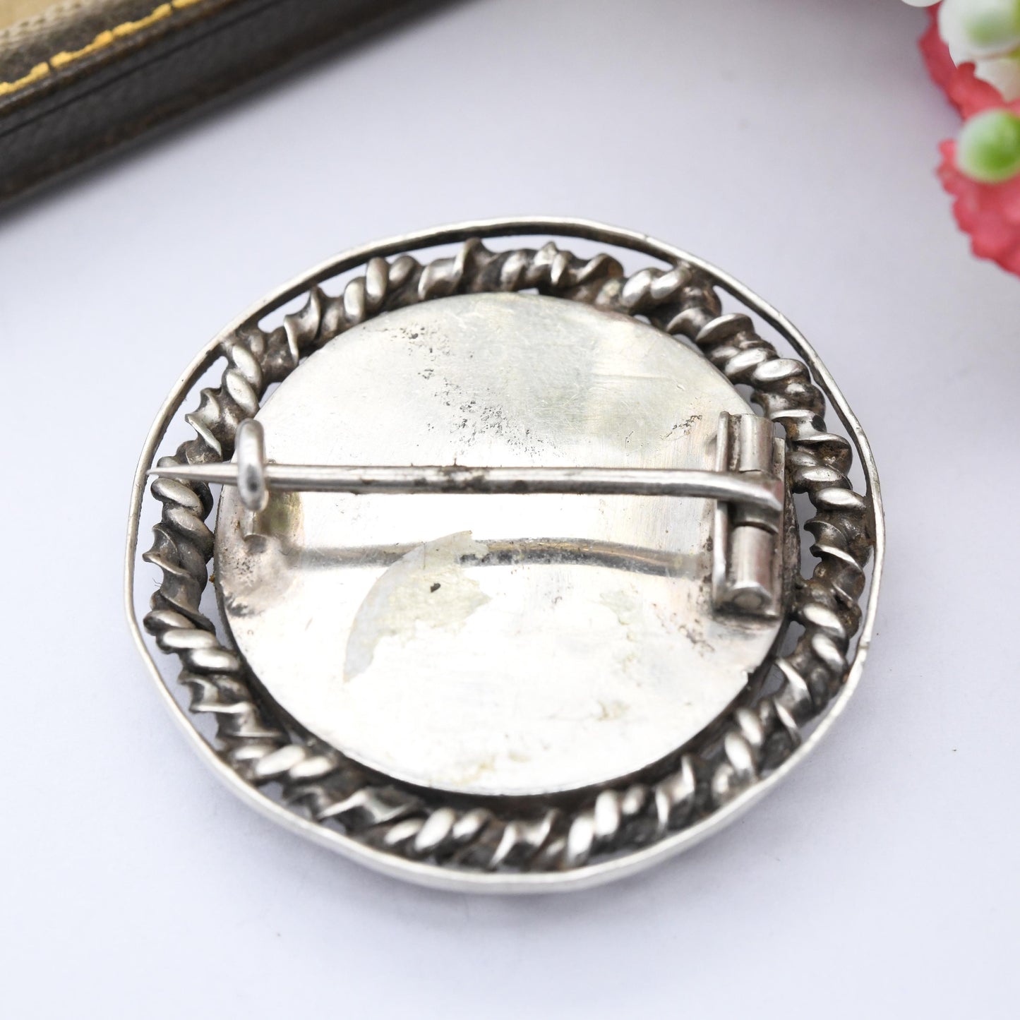 Antique Silver Enamel Brooch with Intricate Design Domed Circle Shape