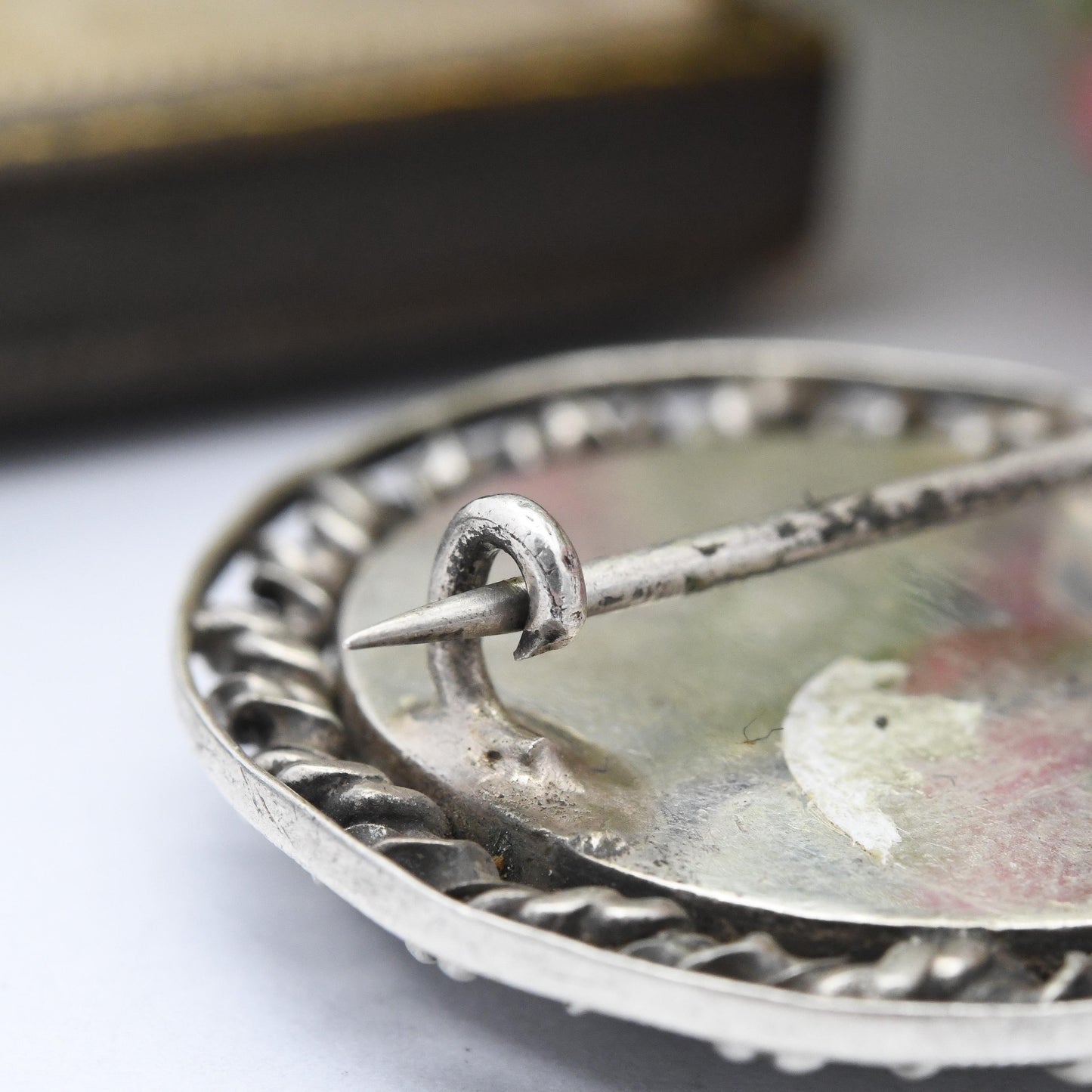 Antique Silver Enamel Brooch with Intricate Design Domed Circle Shape