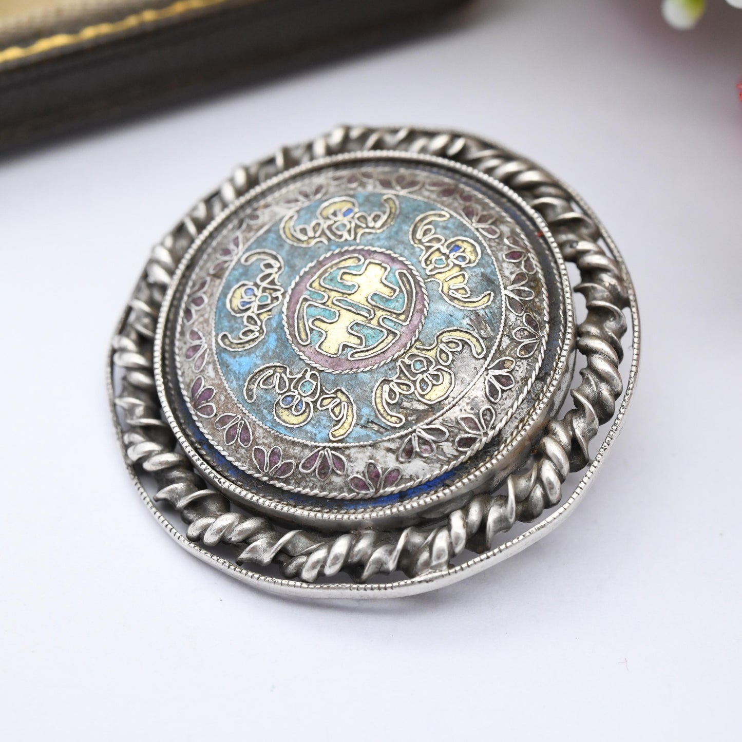 Antique Silver Enamel Brooch with Intricate Design Domed Circle Shape