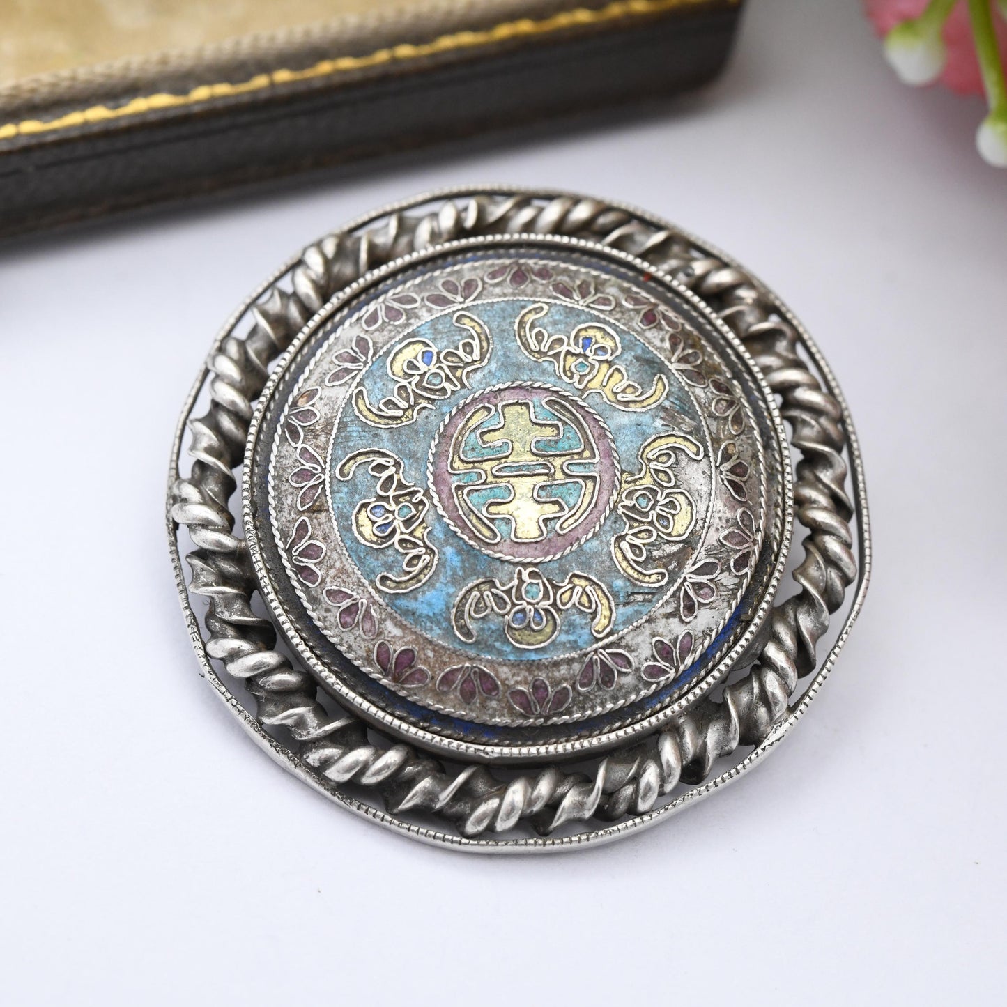 Antique Silver Enamel Brooch with Intricate Design Domed Circle Shape