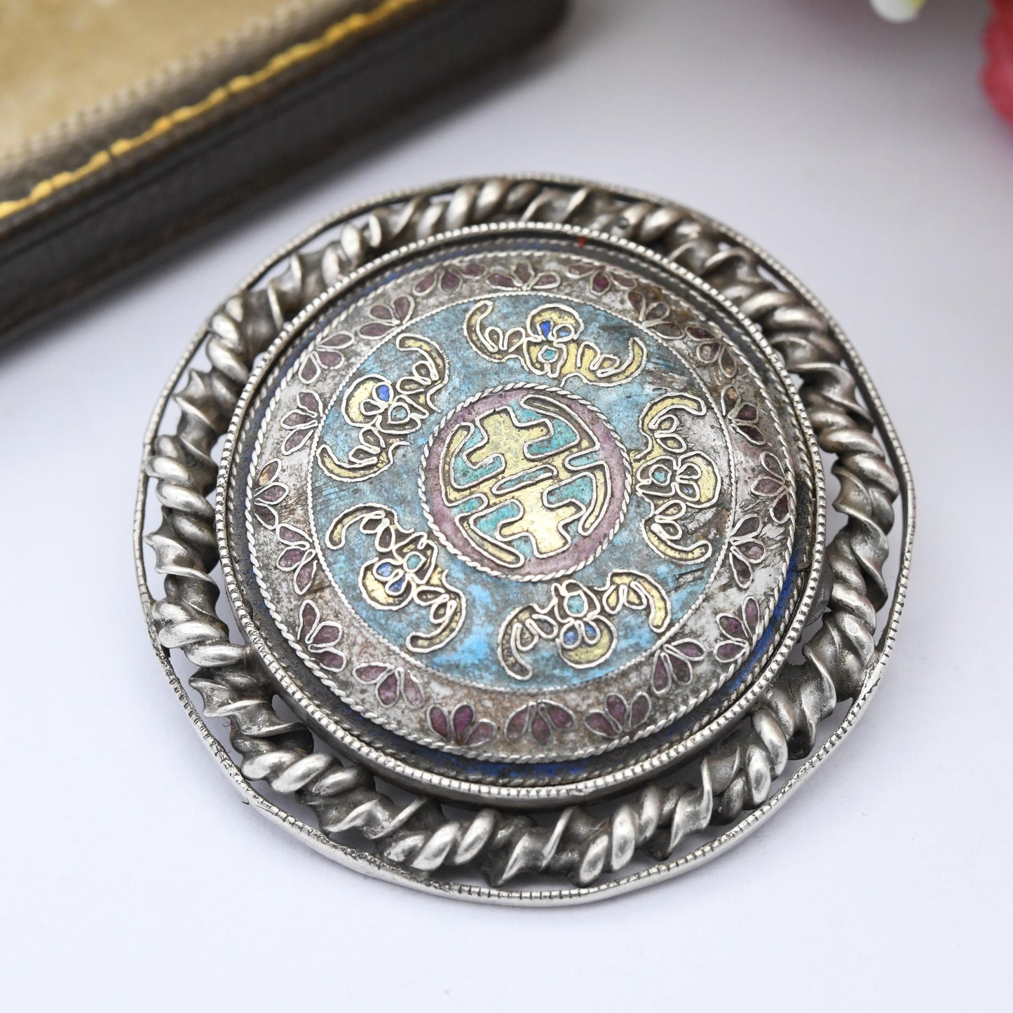 Antique Silver Enamel Brooch with Intricate Design Domed Circle Shape