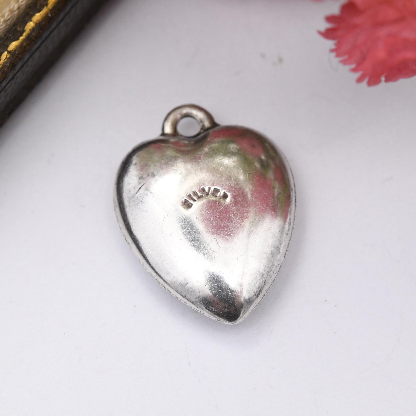 Vintage Sterling Silver Puffed Heart Charm Pendant with Engraved Border Design - Small Love Heart Gift Charm Necklace Stack