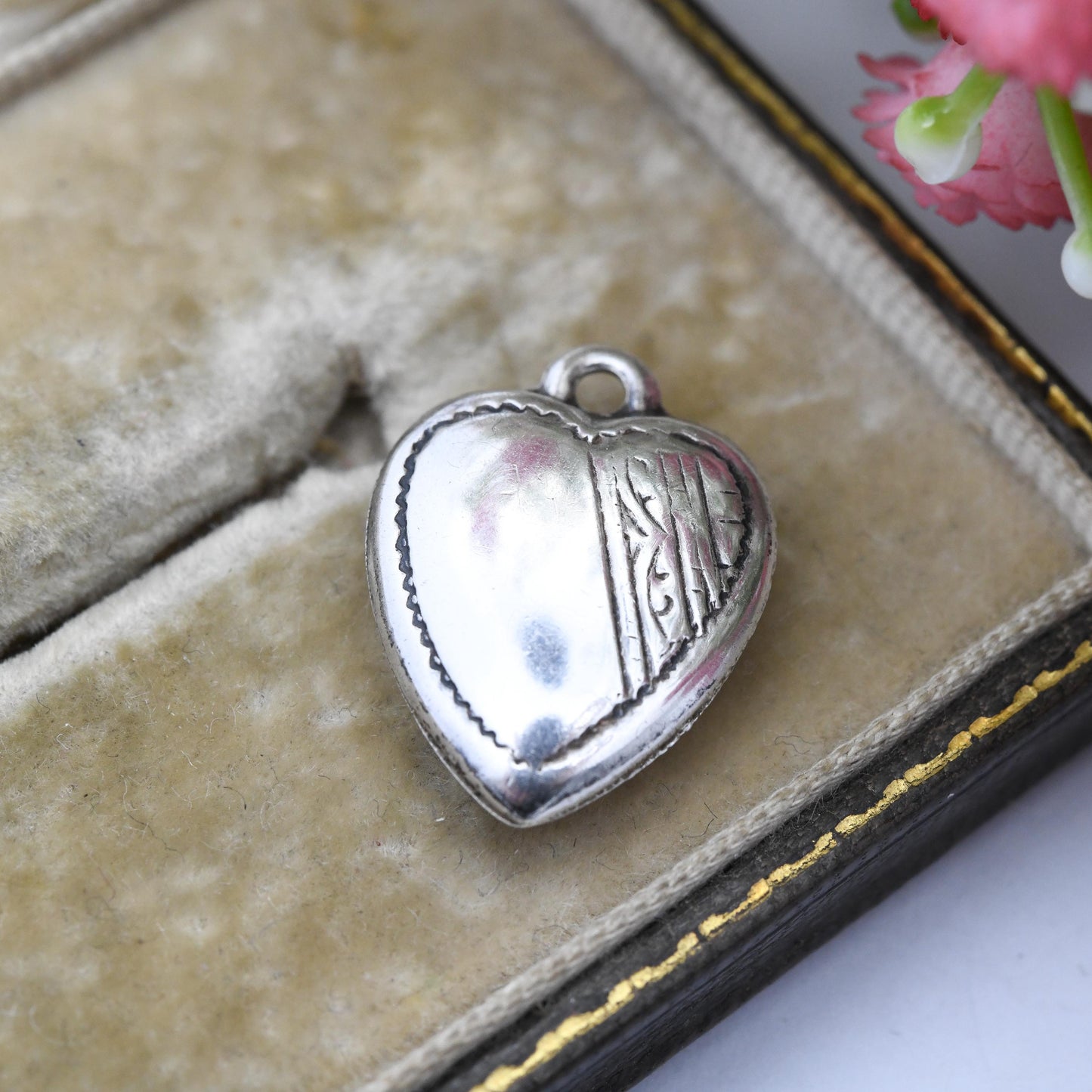 Vintage Sterling Silver Puffed Heart Charm Pendant with Engraved Border Design - Small Love Heart Gift Charm Necklace Stack