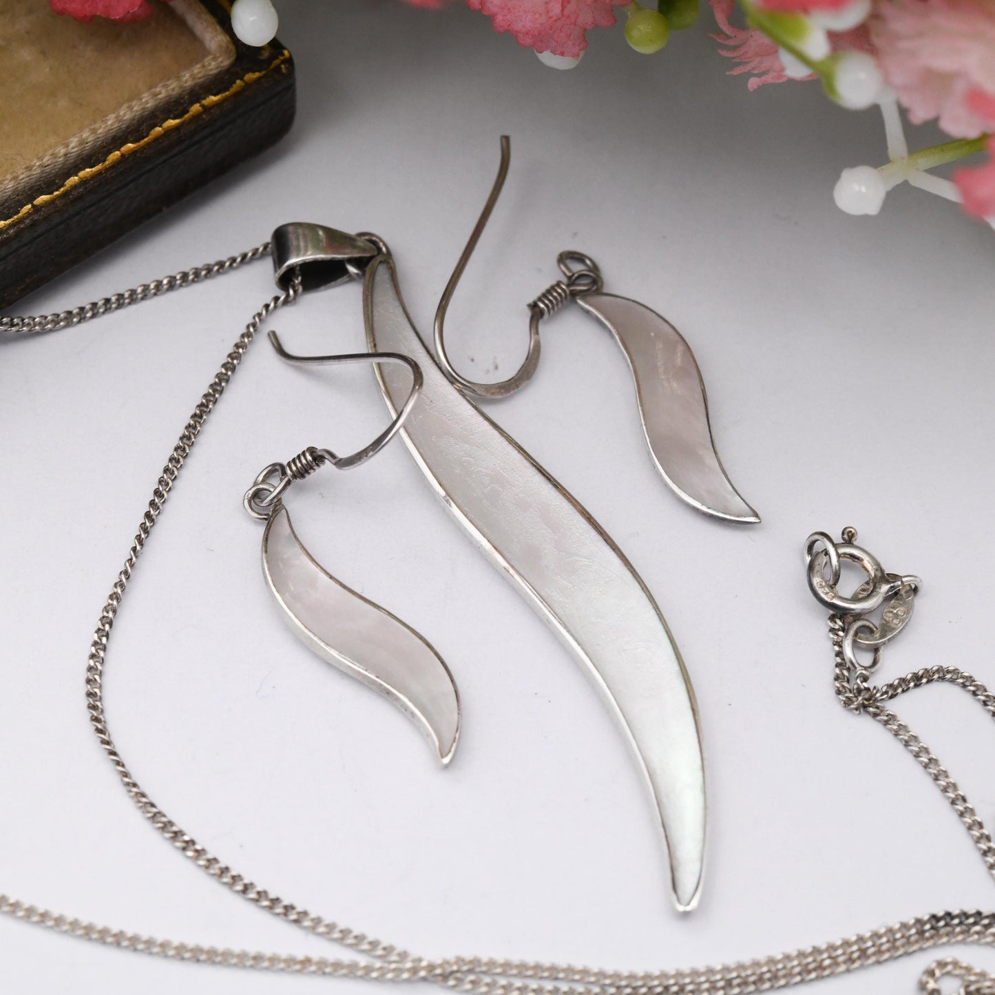Sterling Silver Mother of Pearl Necklace and Drop Earrings Set - Minimal White Stone S Shaped Demi Parure