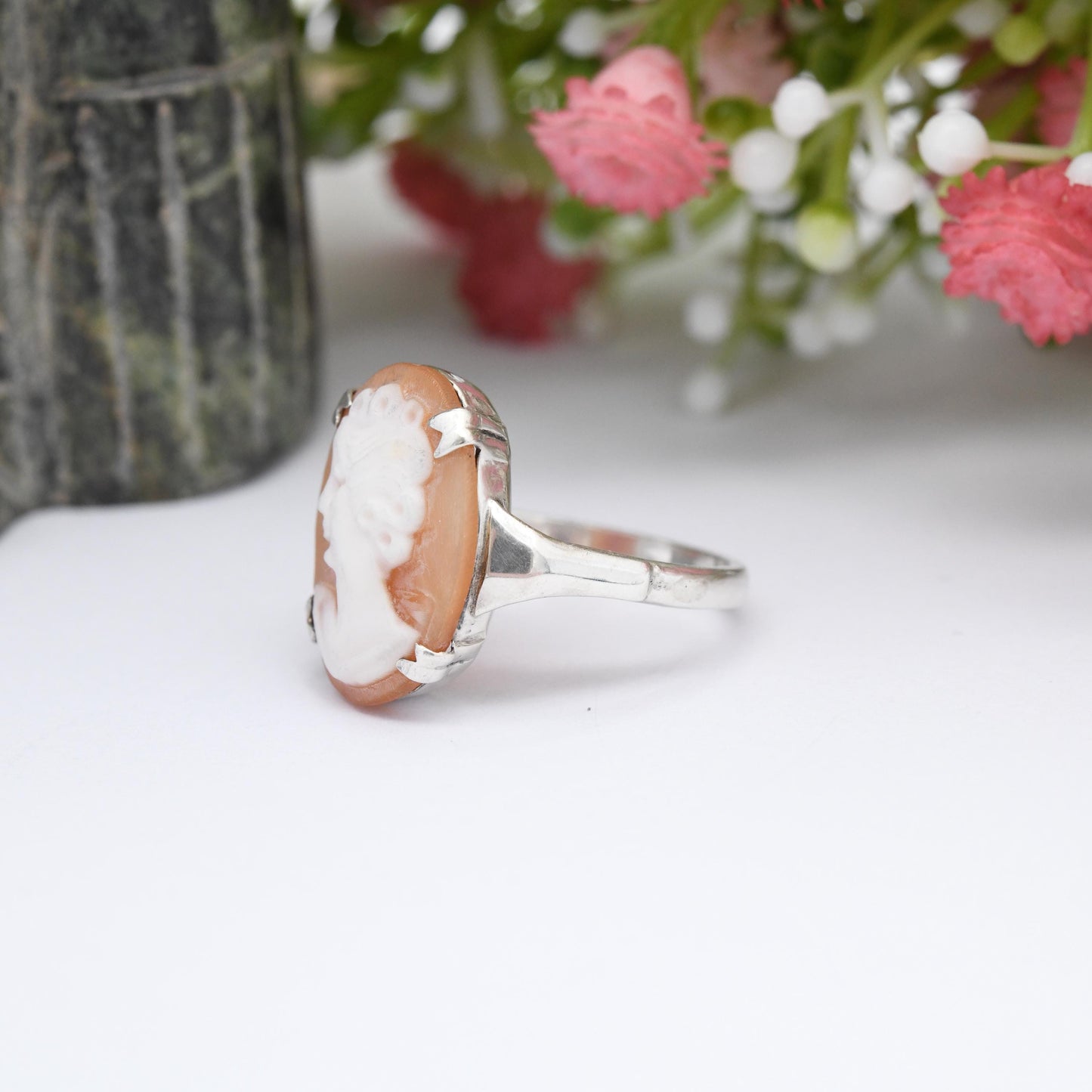 Vintage Sterling Silver Cameo Ring - Mid-Century Carved Shell Cameo | Classical Woman's Profile | UK Size - M 1/2 | US Size - 6 1/4