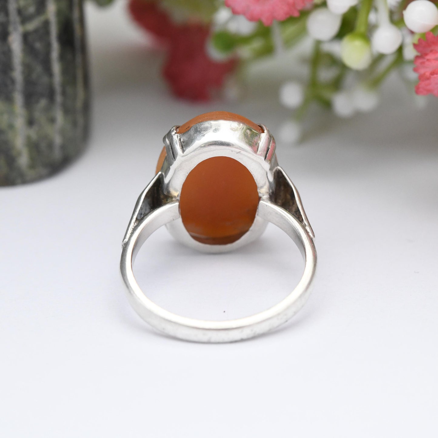 Vintage Sterling Silver Cameo Ring - Mid-Century Carved Shell Cameo | Classical Woman's Profile | UK Size - M 1/2 | US Size - 6 1/4