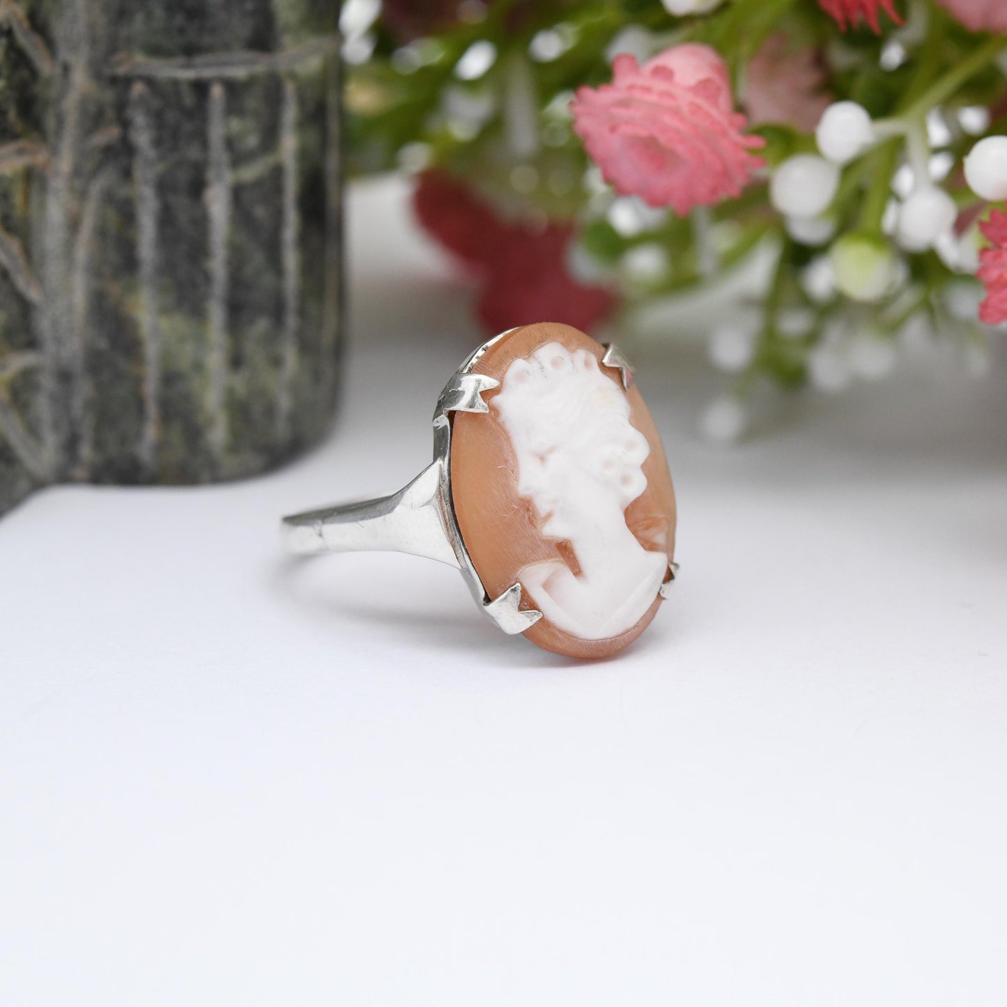 Vintage Sterling Silver Cameo Ring - Mid-Century Carved Shell Cameo | Classical Woman's Profile | UK Size - M 1/2 | US Size - 6 1/4