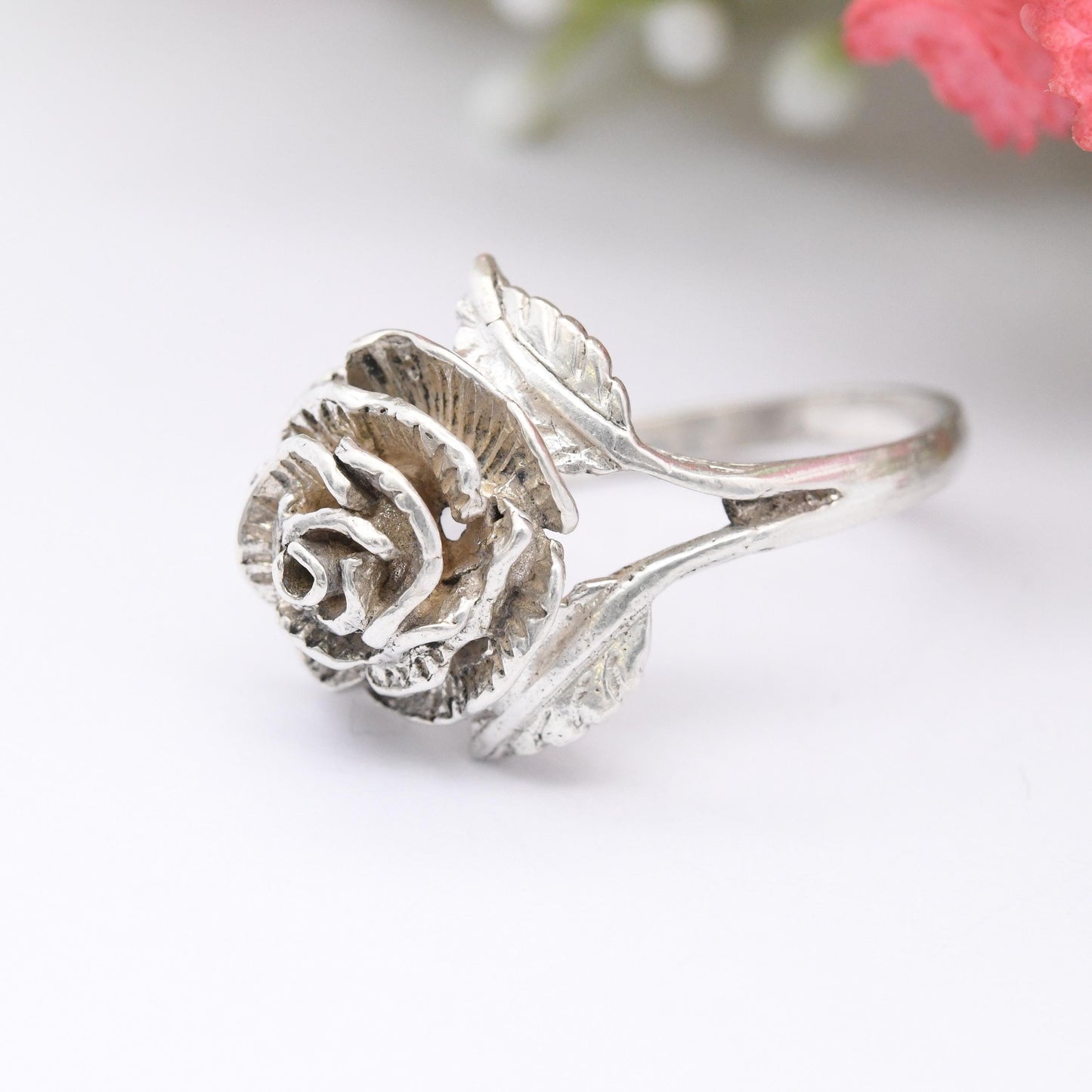 Vintage Sterling Silver Rose Ring - Modernist Flower Floral Shape | Pretty Gift for Her | UK Size - O | US Size - 7 1/4