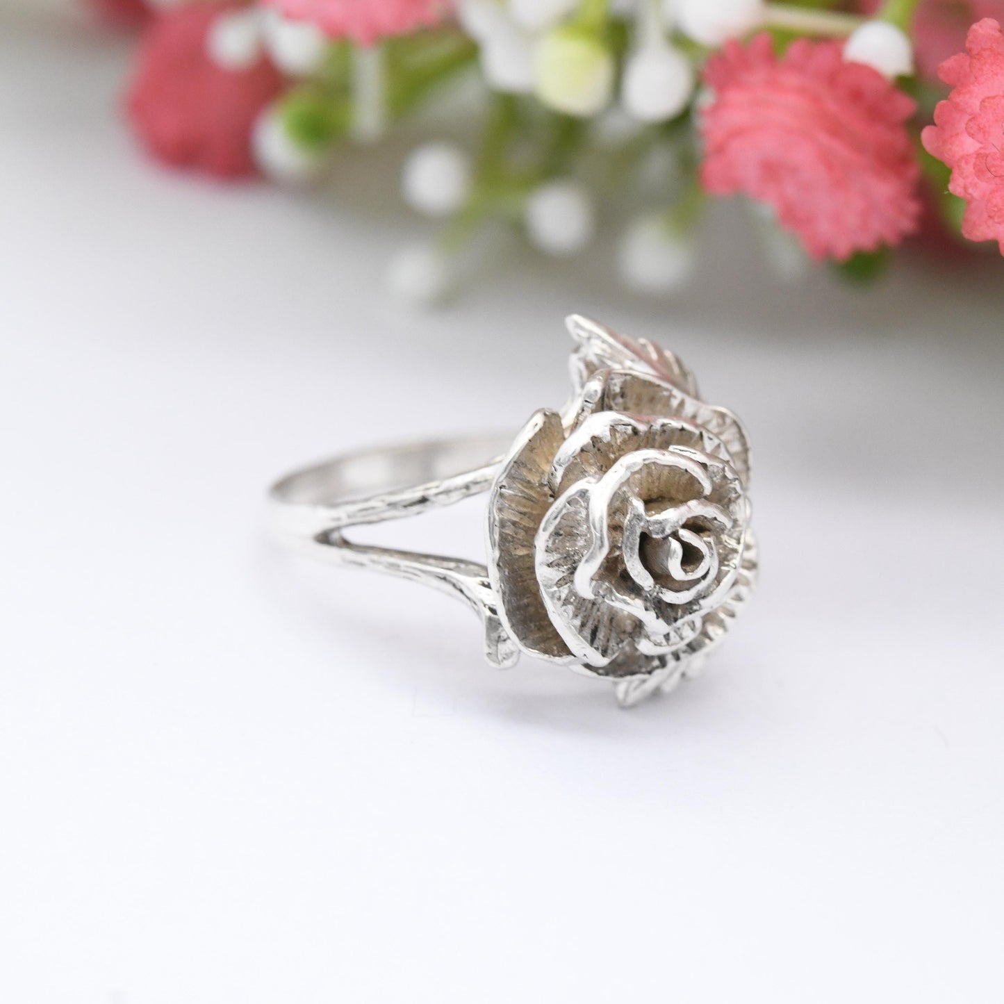 Vintage Sterling Silver Rose Ring - Modernist Flower Floral Shape | Pretty Gift for Her | UK Size - O | US Size - 7 1/4