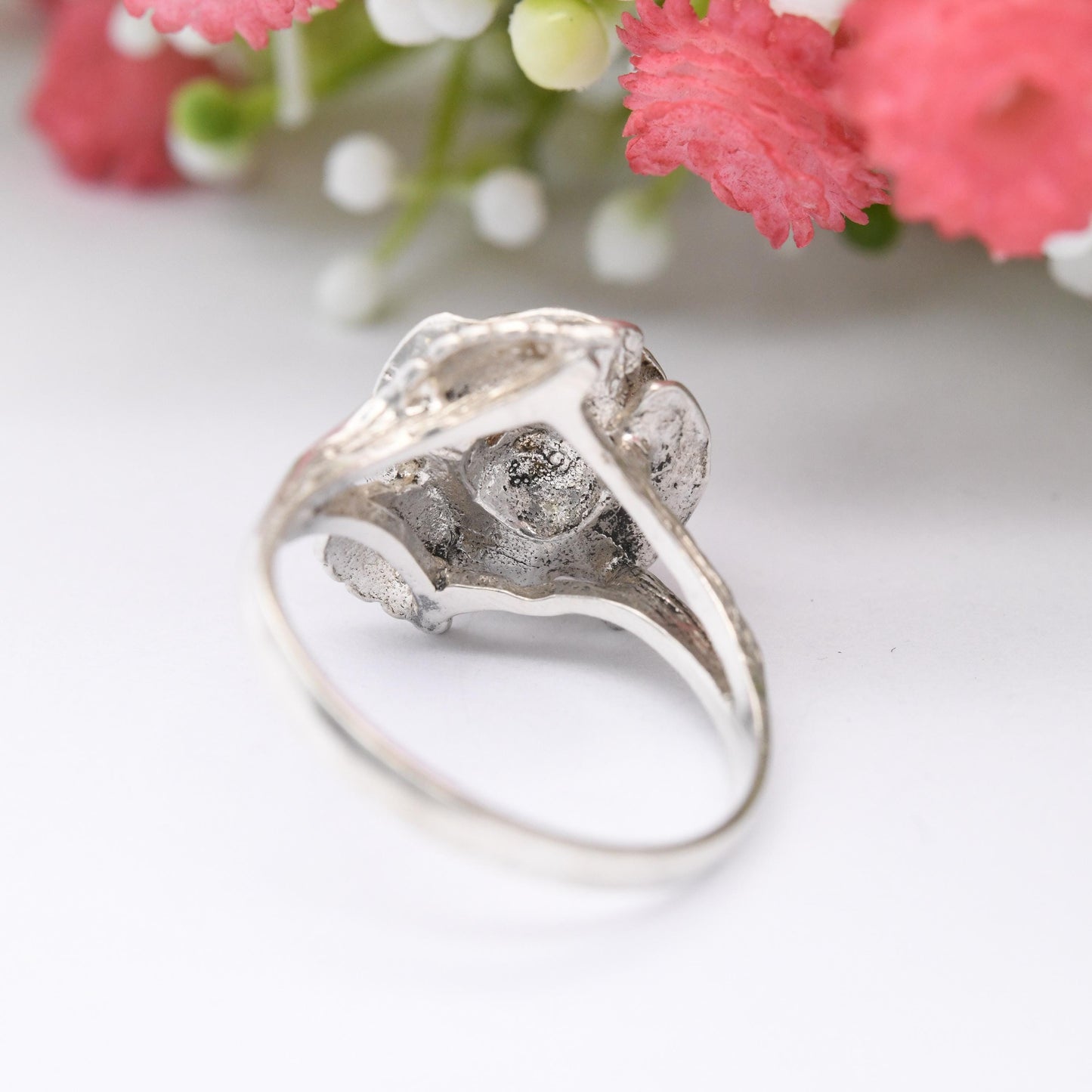 Vintage Sterling Silver Rose Ring - Modernist Flower Floral Shape | Pretty Gift for Her | UK Size - O | US Size - 7 1/4
