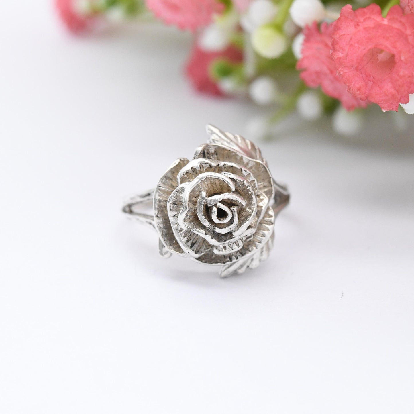 Vintage Sterling Silver Rose Ring - Modernist Flower Floral Shape | Pretty Gift for Her | UK Size - O | US Size - 7 1/4