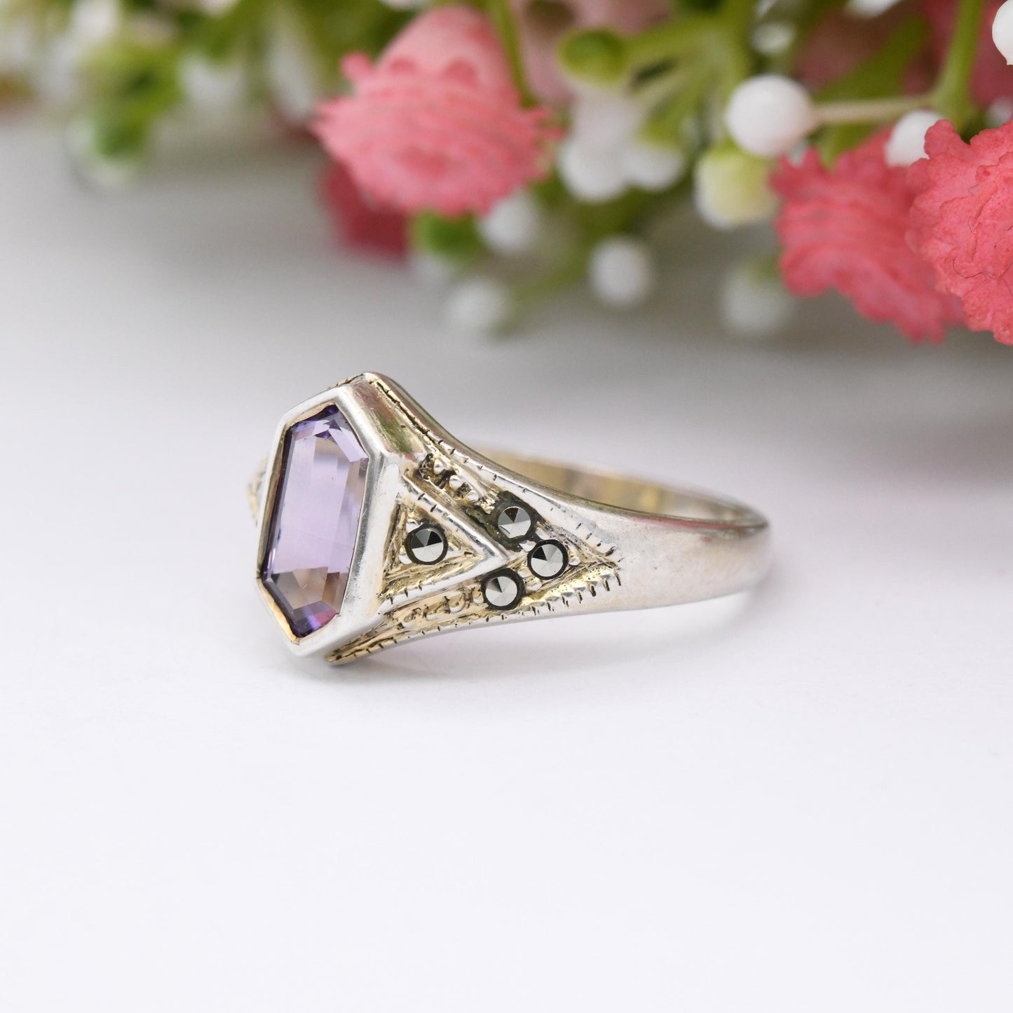 Vintage Sterling Silver Amethyst and Marcasite Ring - Cocktail Purple Stone | Unusual Hexagonal Art Deco Shape | UK Size - Q | US Size - 8