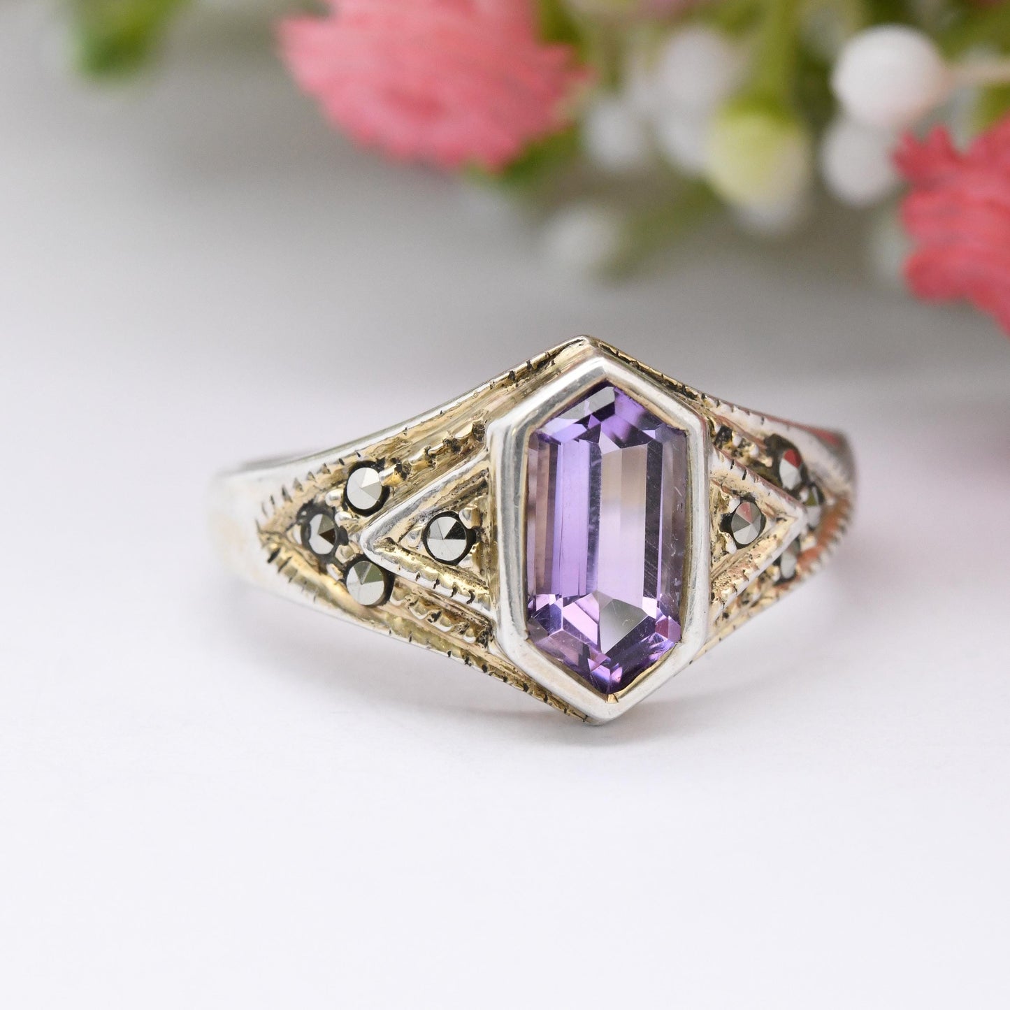 Vintage Sterling Silver Amethyst and Marcasite Ring - Cocktail Purple Stone | Unusual Hexagonal Art Deco Shape | UK Size - Q | US Size - 8