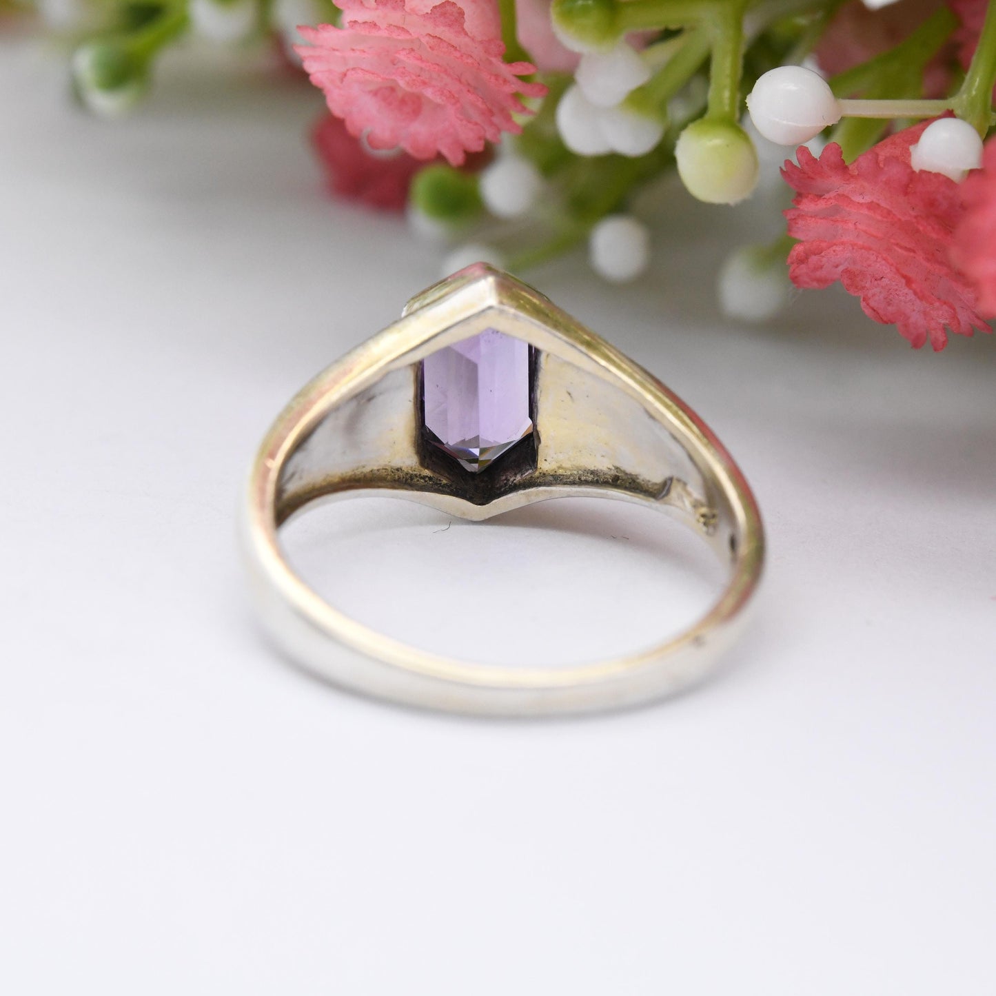Vintage Sterling Silver Amethyst and Marcasite Ring - Cocktail Purple Stone | Unusual Hexagonal Art Deco Shape | UK Size - Q | US Size - 8