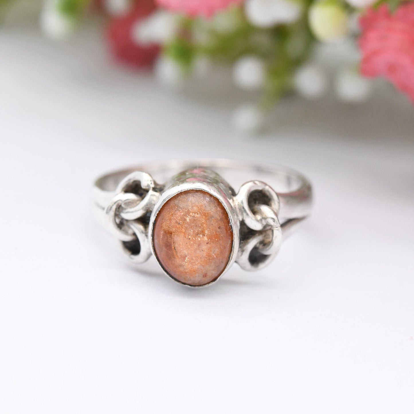 Vintage Sterling Silver Chain Link Ring with Orange Stone - Unusual Gemstone Cabochon | UK Size - P 1/2 | US Size - 8