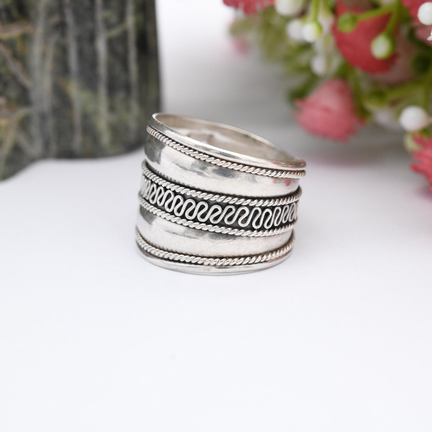 Vintage Sterling Silver Wirework Rope Twist Cannetille Band Ring - Chunky Silver Jewellery | Wide Band | UK Size - P 1/2 | US Size - 8