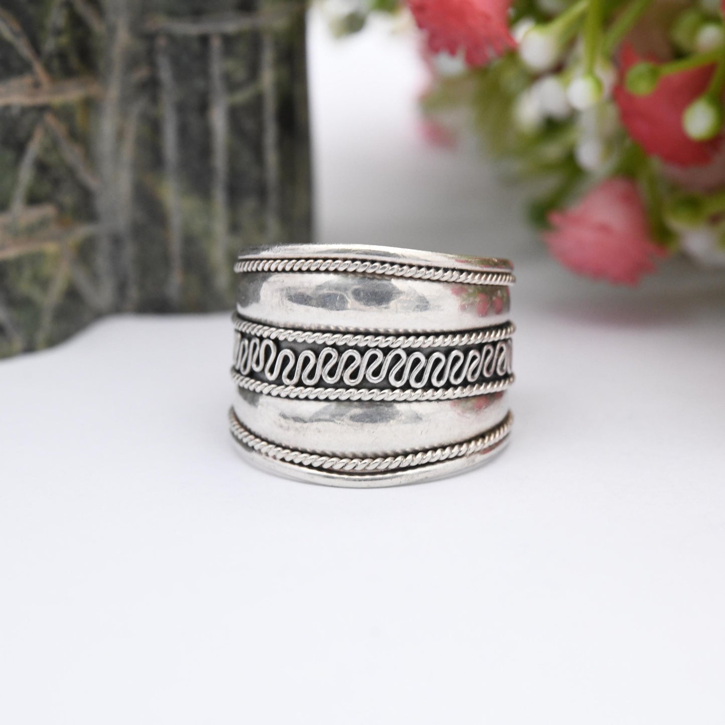 Vintage Sterling Silver Wirework Rope Twist Cannetille Band Ring - Chunky Silver Jewellery | Wide Band | UK Size - P 1/2 | US Size - 8