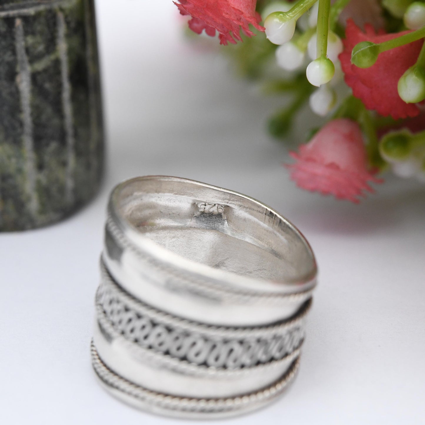 Vintage Sterling Silver Wirework Rope Twist Cannetille Band Ring - Chunky Silver Jewellery | Wide Band | UK Size - P 1/2 | US Size - 8