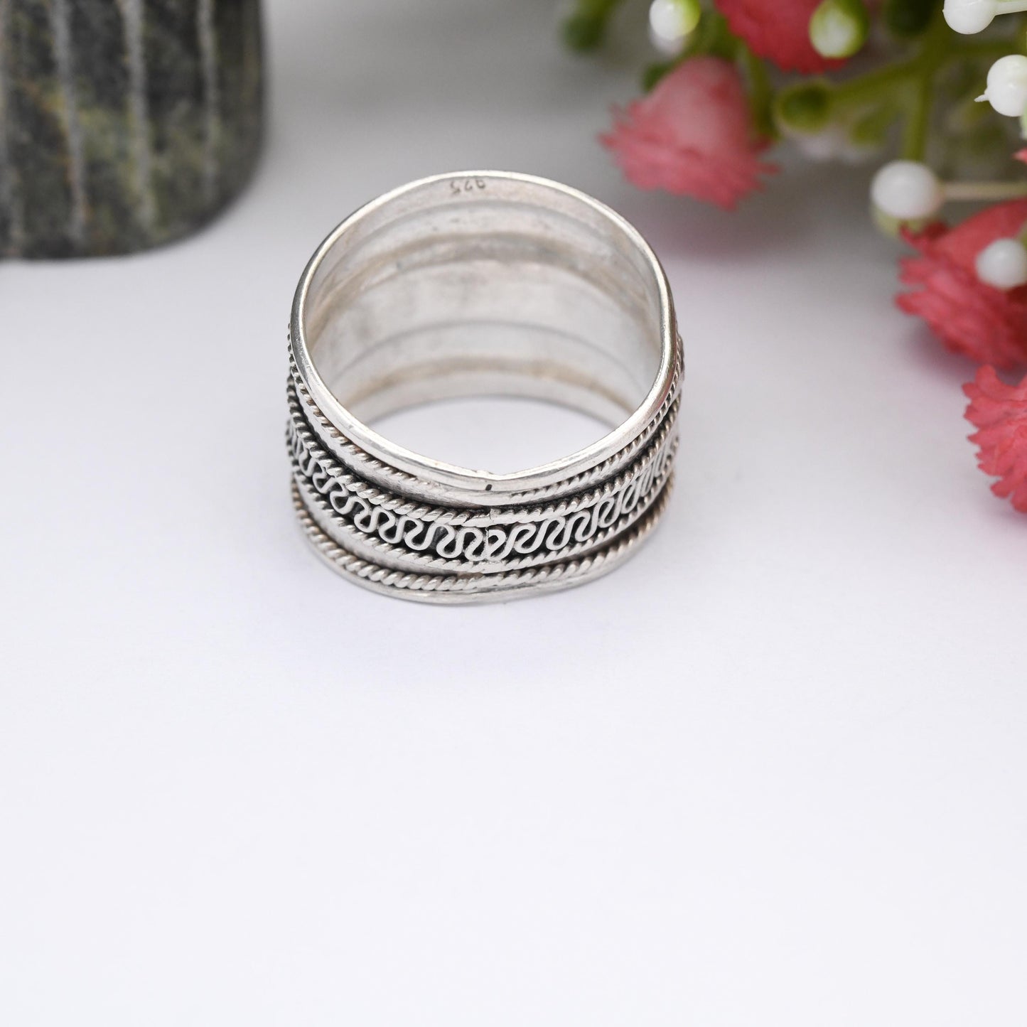 Vintage Sterling Silver Wirework Rope Twist Cannetille Band Ring - Chunky Silver Jewellery | Wide Band | UK Size - P 1/2 | US Size - 8