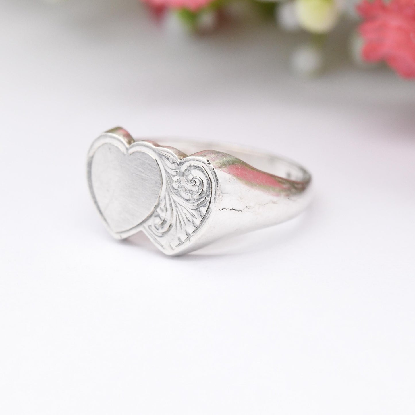 Vintage Sterling Silver Heart Signet Ring - Engraved Entwined Love Hearts | Henry Griffith | Gift for Her | UK Size - J 1/2 | US Size - 5