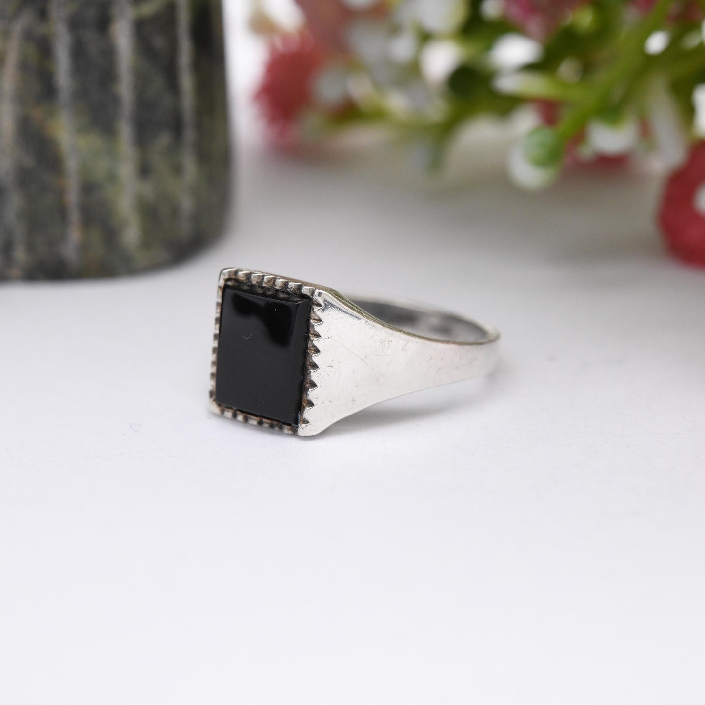 Vintage Sterling Silver Onyx Signet Ring - Unisex Square Black Stone Ring | Small Size Pinkie Ring | UK Size - K | US Size - 5 1/4